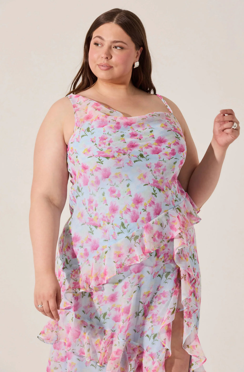 Levina Asymmetric Floral Ruffle Maxi Dress