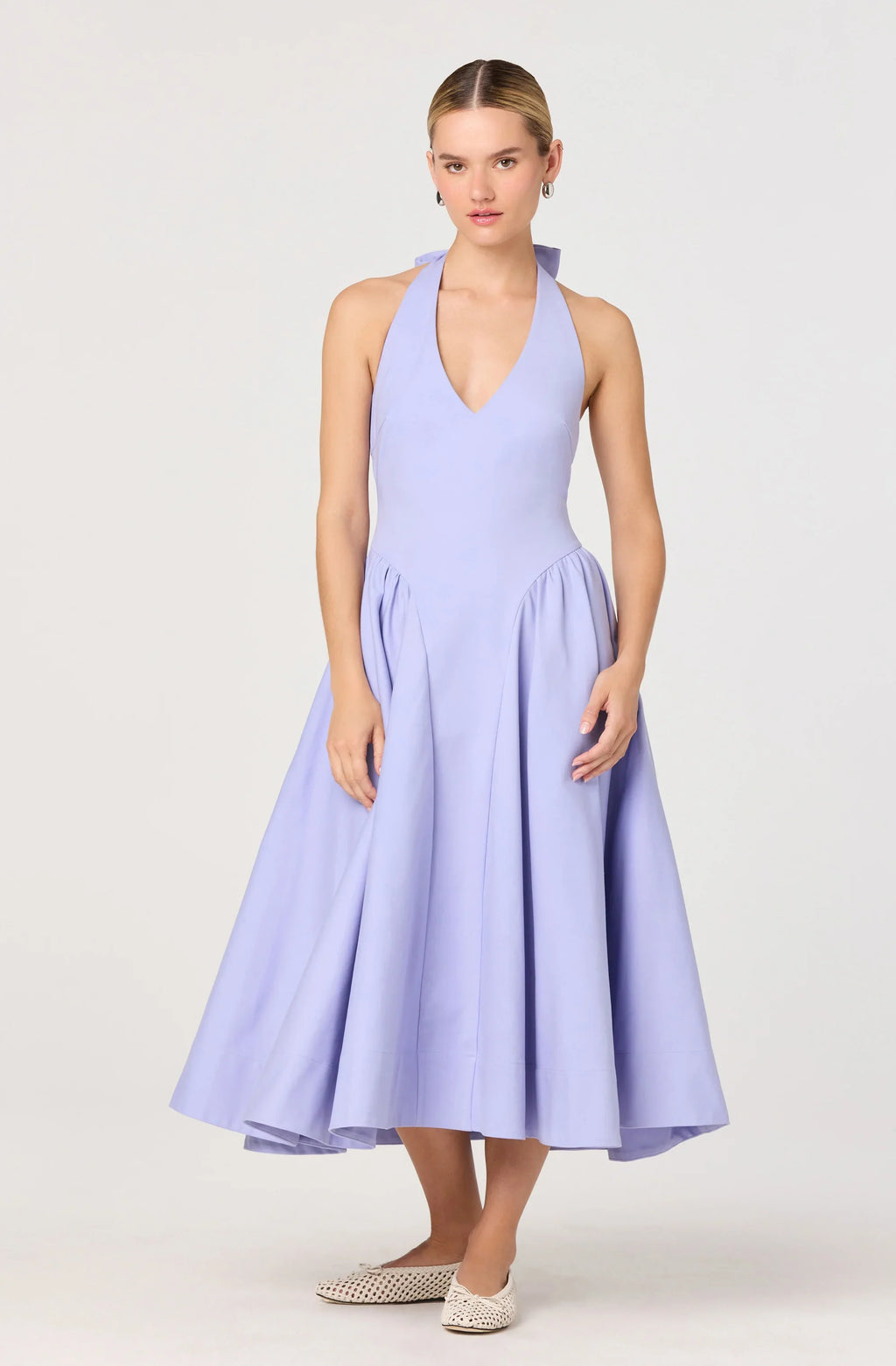 Meana Halter Plunge Drop-Waist Midi Dress