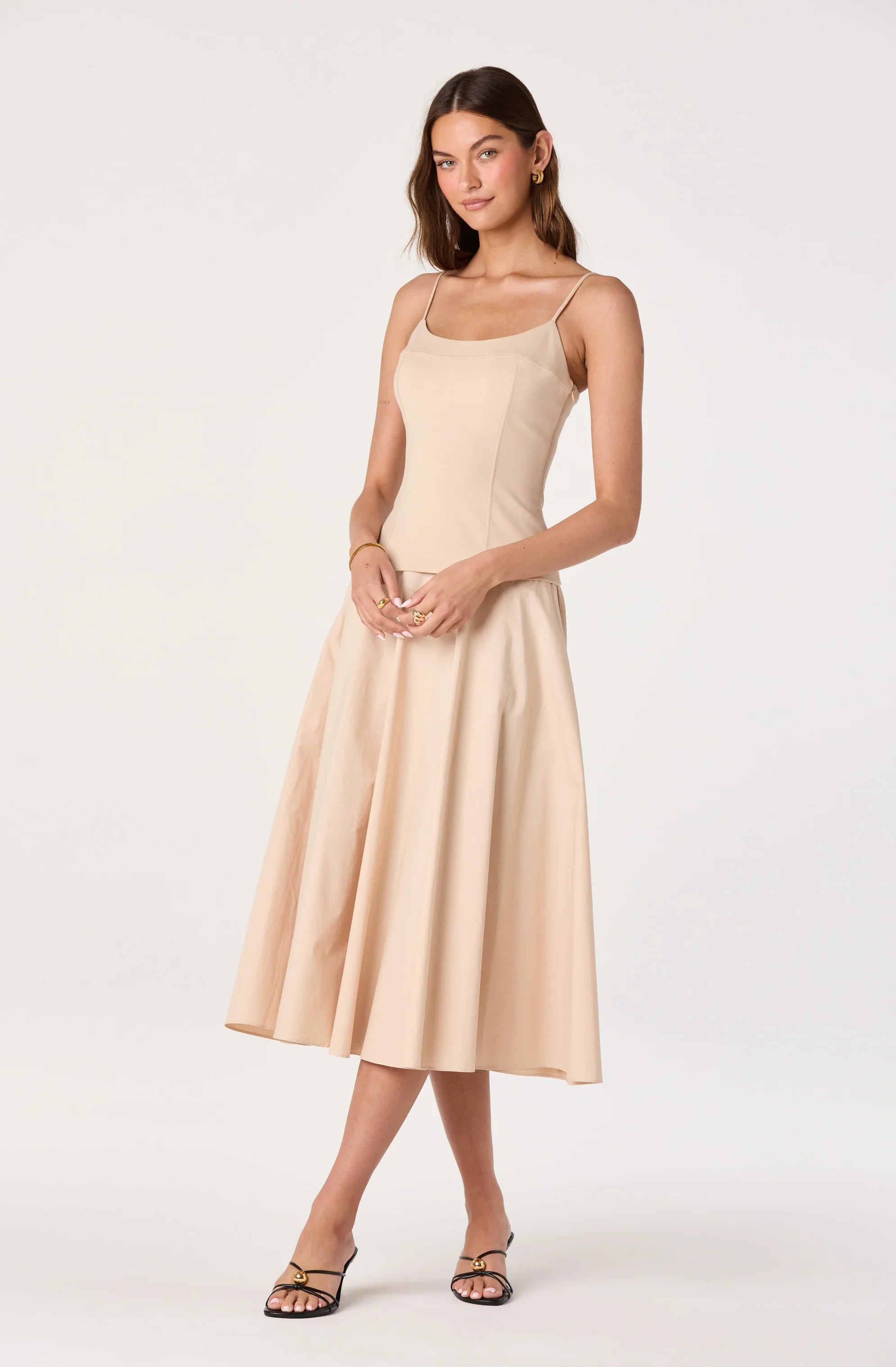 Cierra Mixed Media Drop Waist Midi Dress