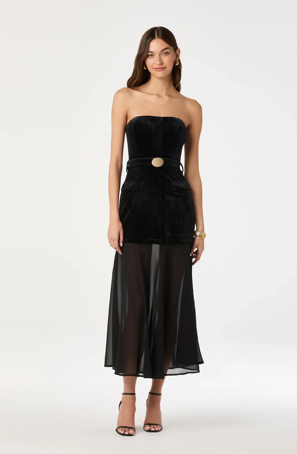 Strapless Contrast Belted Midi Dress