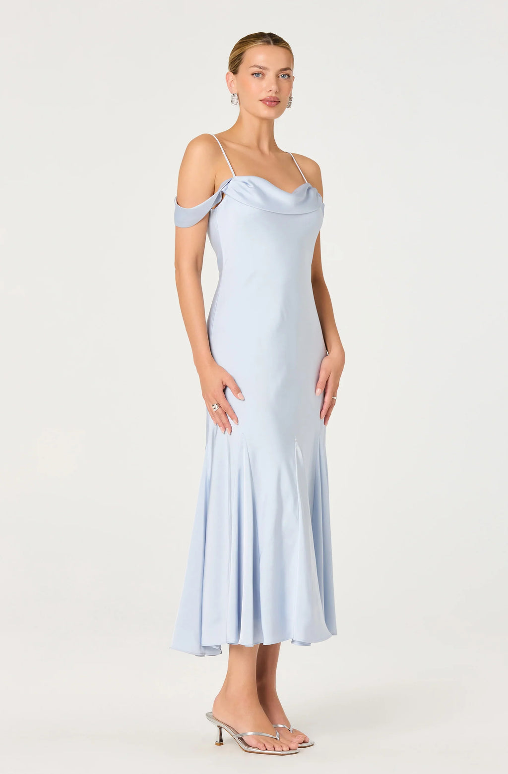 Araxie Satin Off-Shoulder Godet Midi Dress