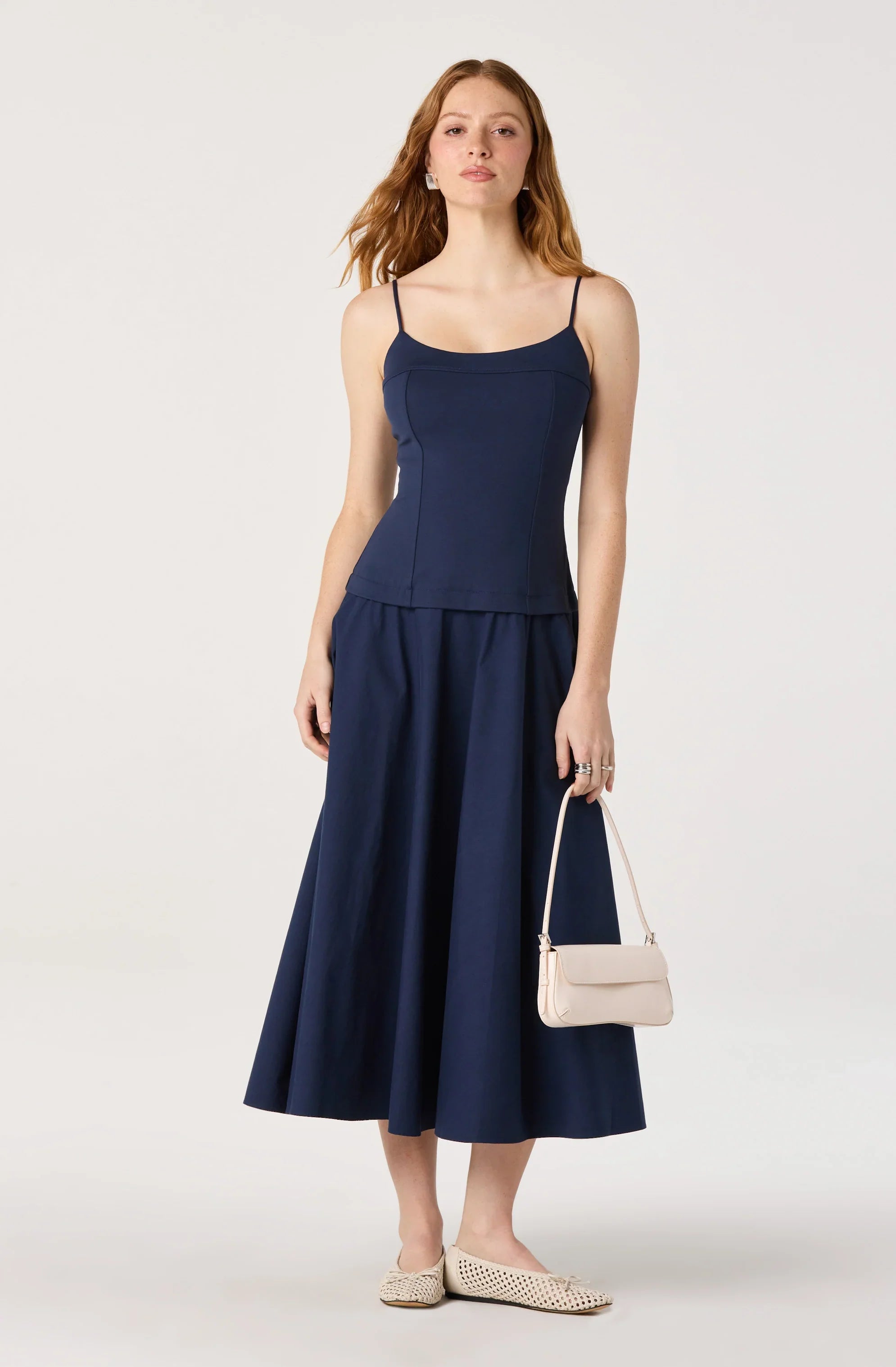 Cierra Mixed Media Drop Waist Midi Dress