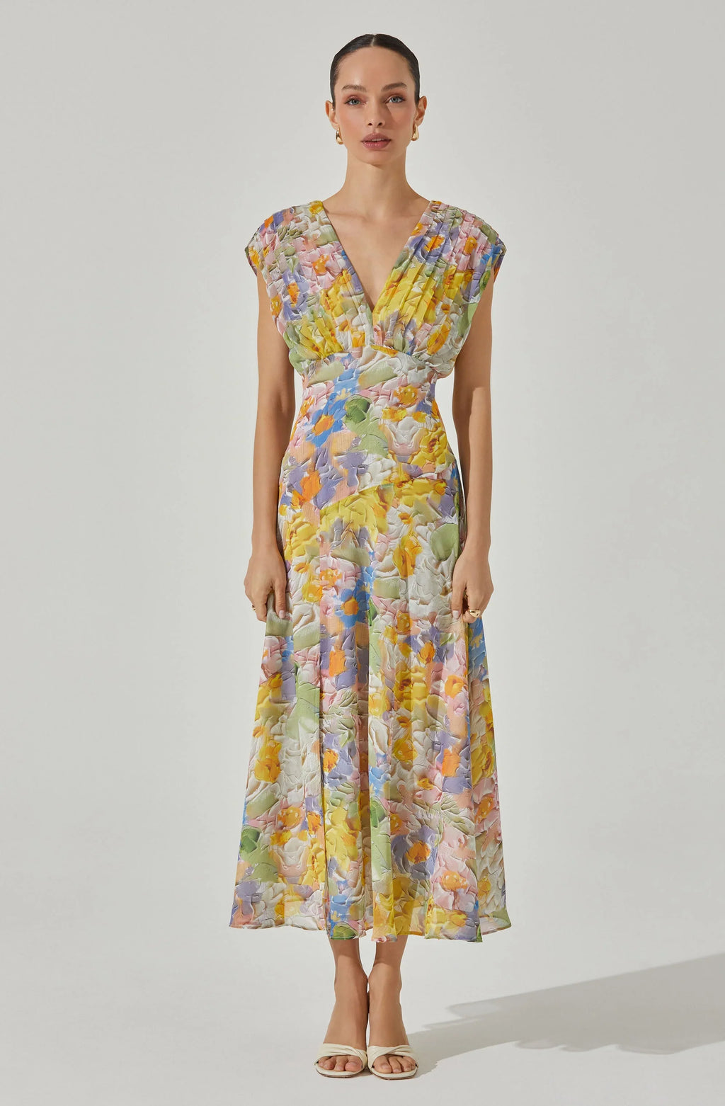 V-Neck Pleated Floral Midi Dress