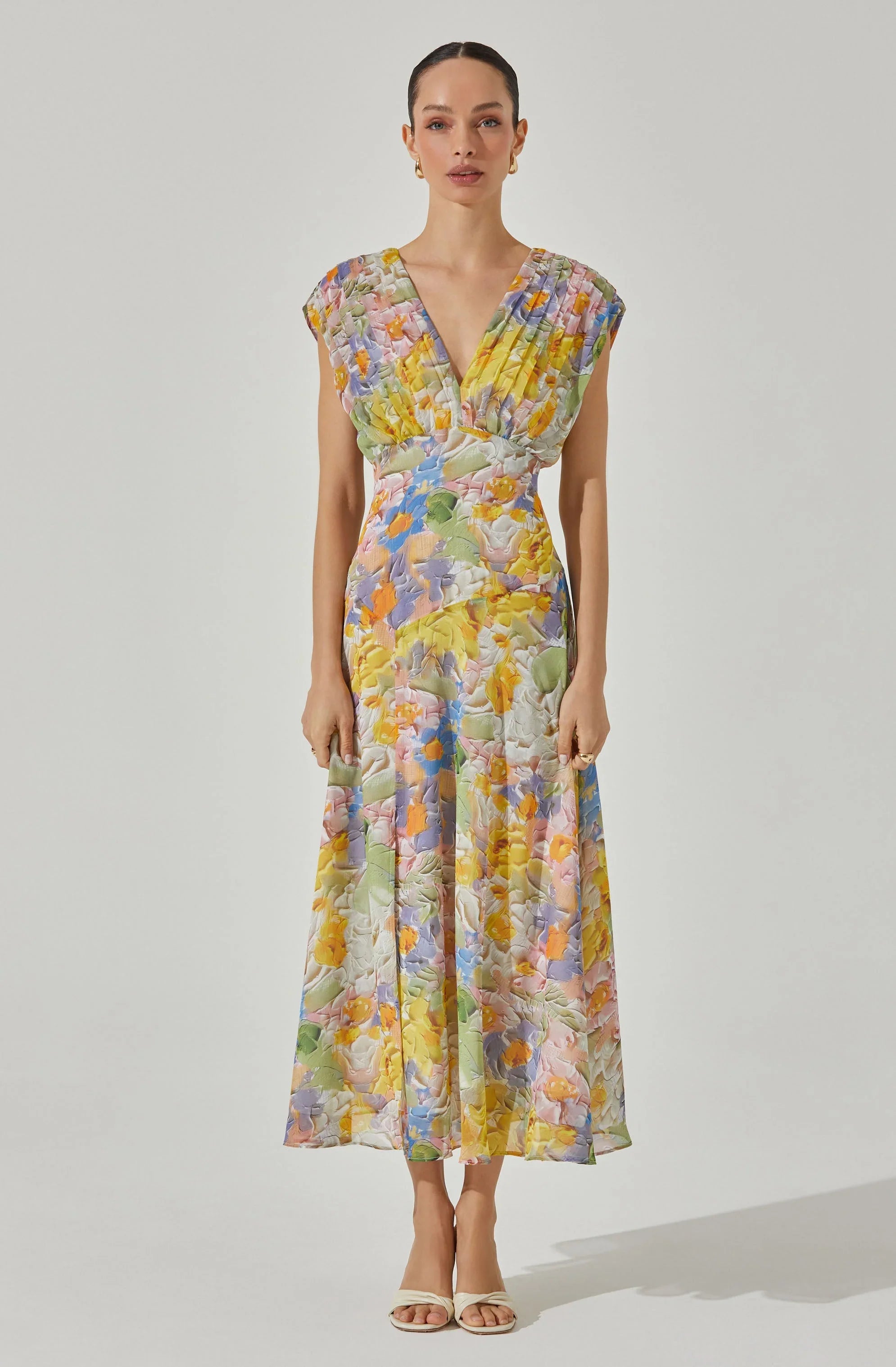 V-Neck Pleated Floral Midi Dress