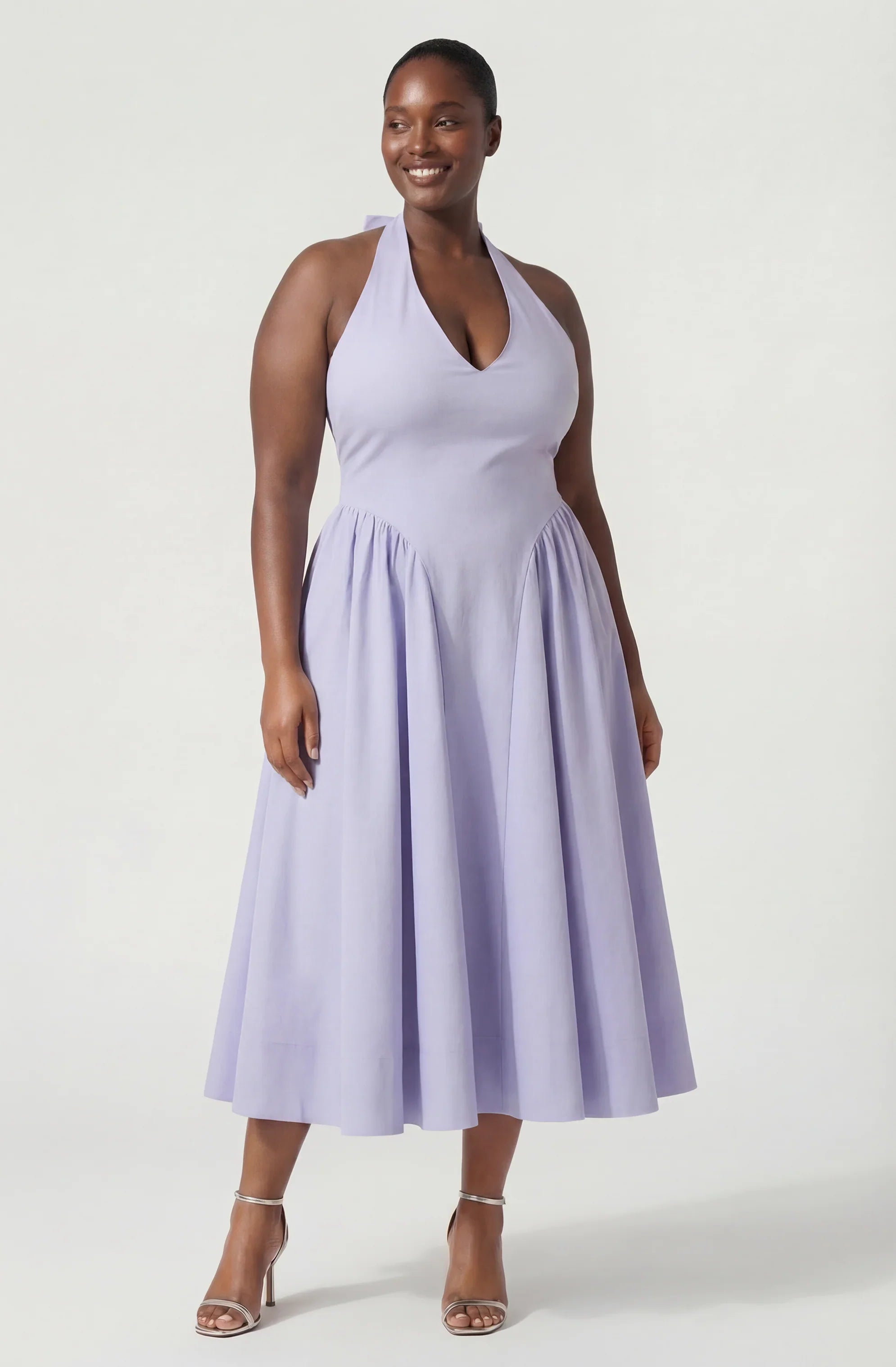 Meana Halter Plunge Drop-Waist Midi Dress