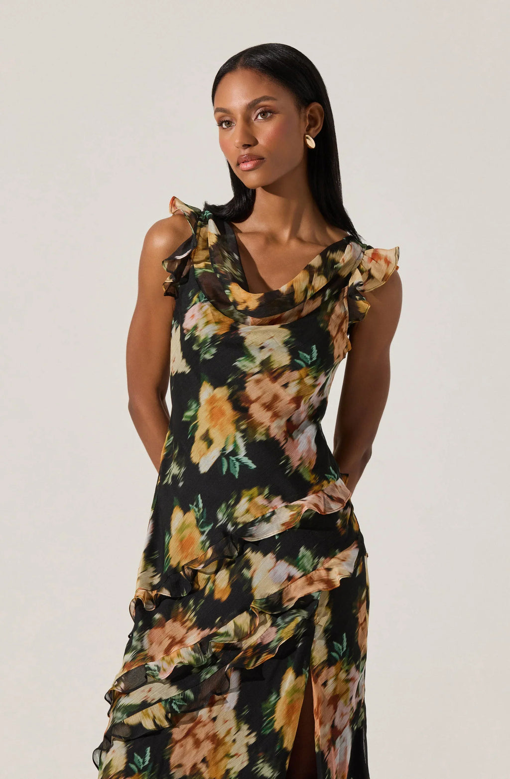 Alinta Floral Ruffle Cowl Neck Midi Dress