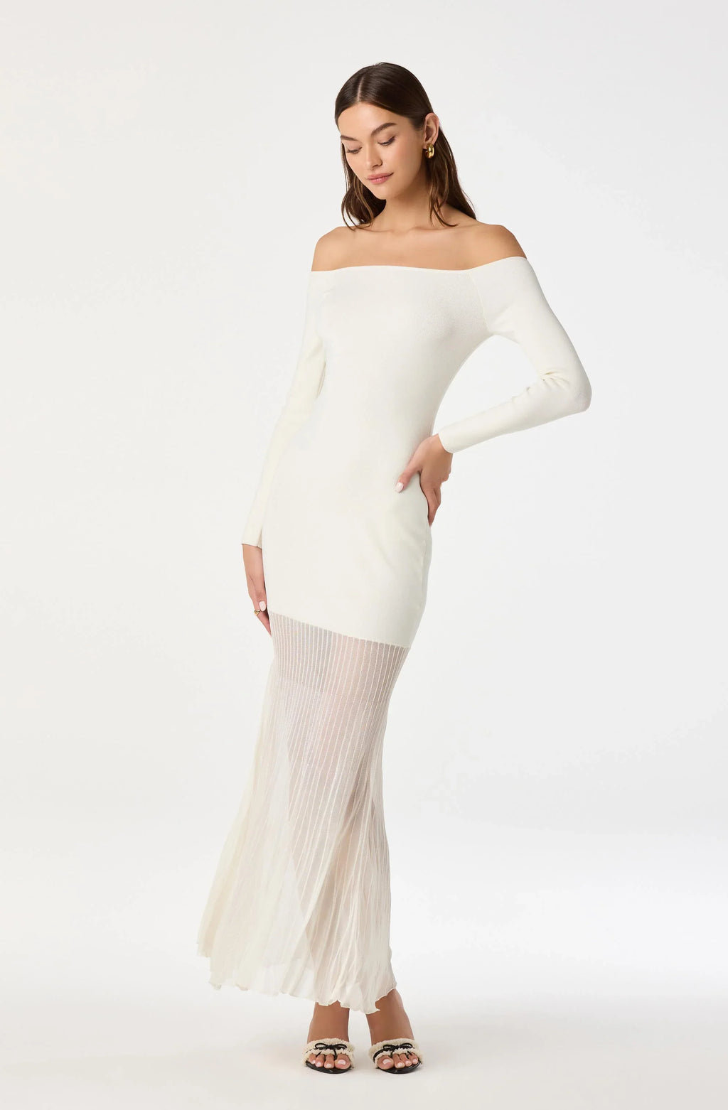 Off Shoulder Mesh Panel Hem Maxi Dress