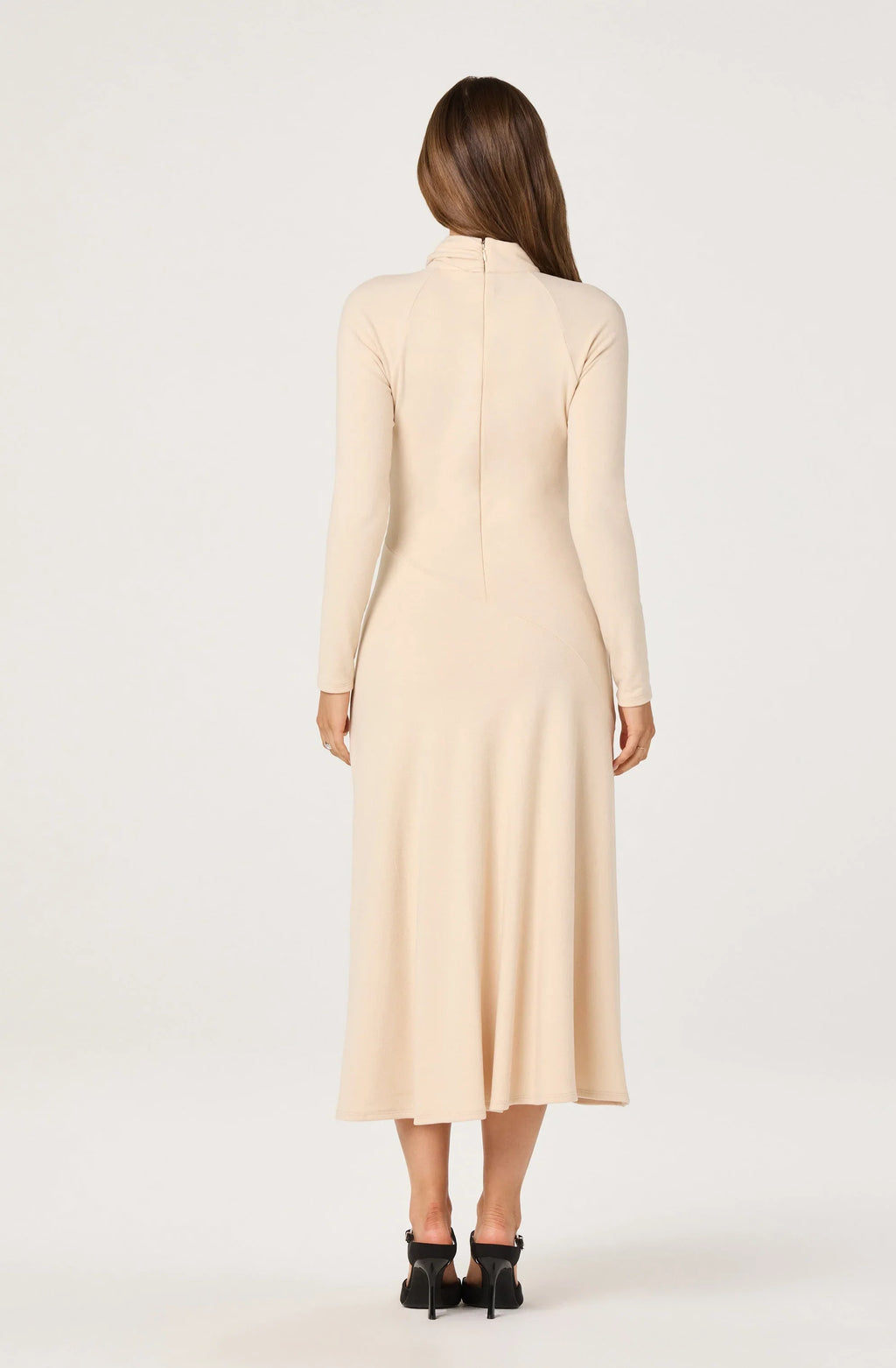 Asymmetric Draped Mock Neck Midi Dress