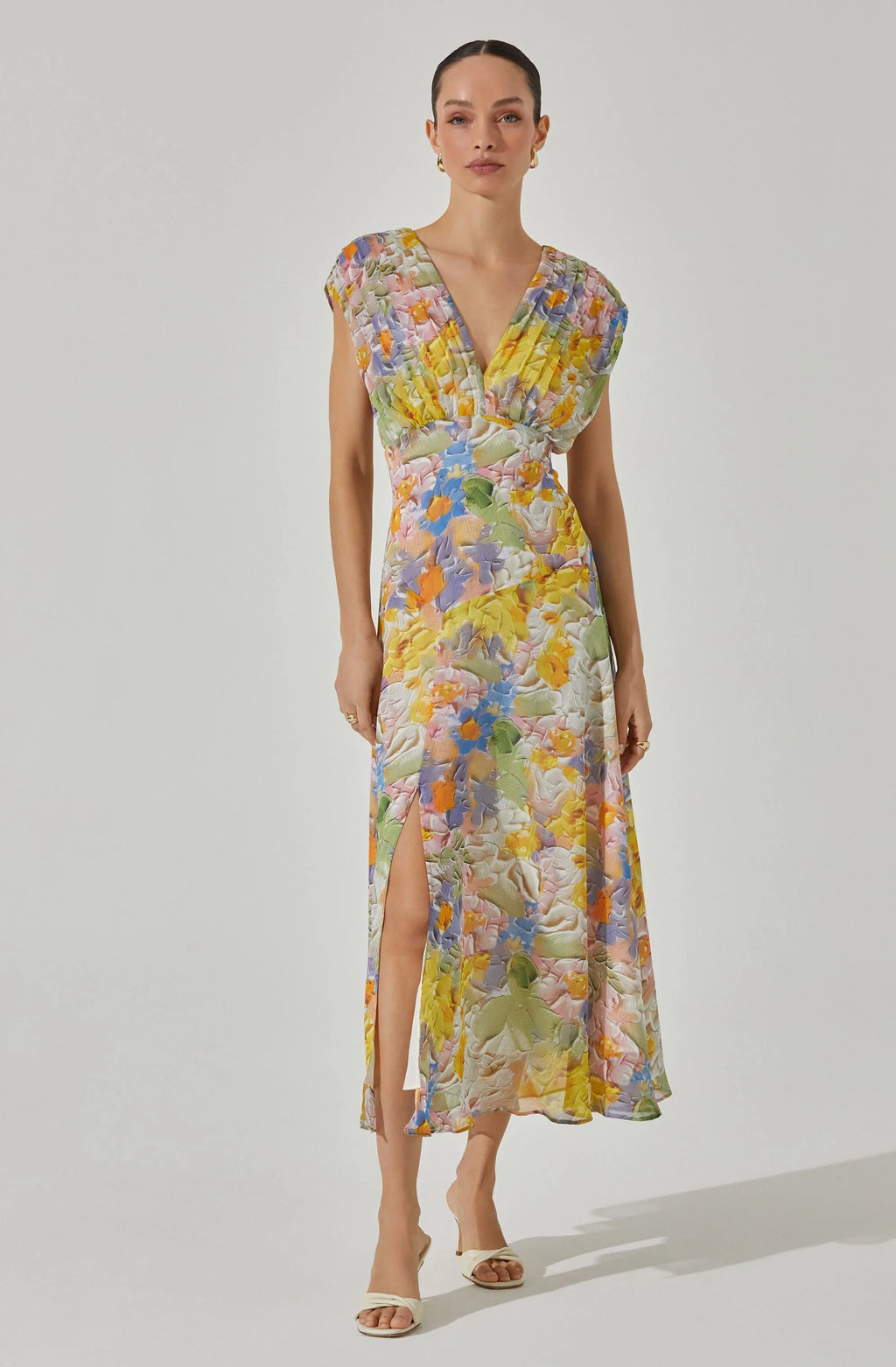 V-Neck Pleated Floral Midi Dress
