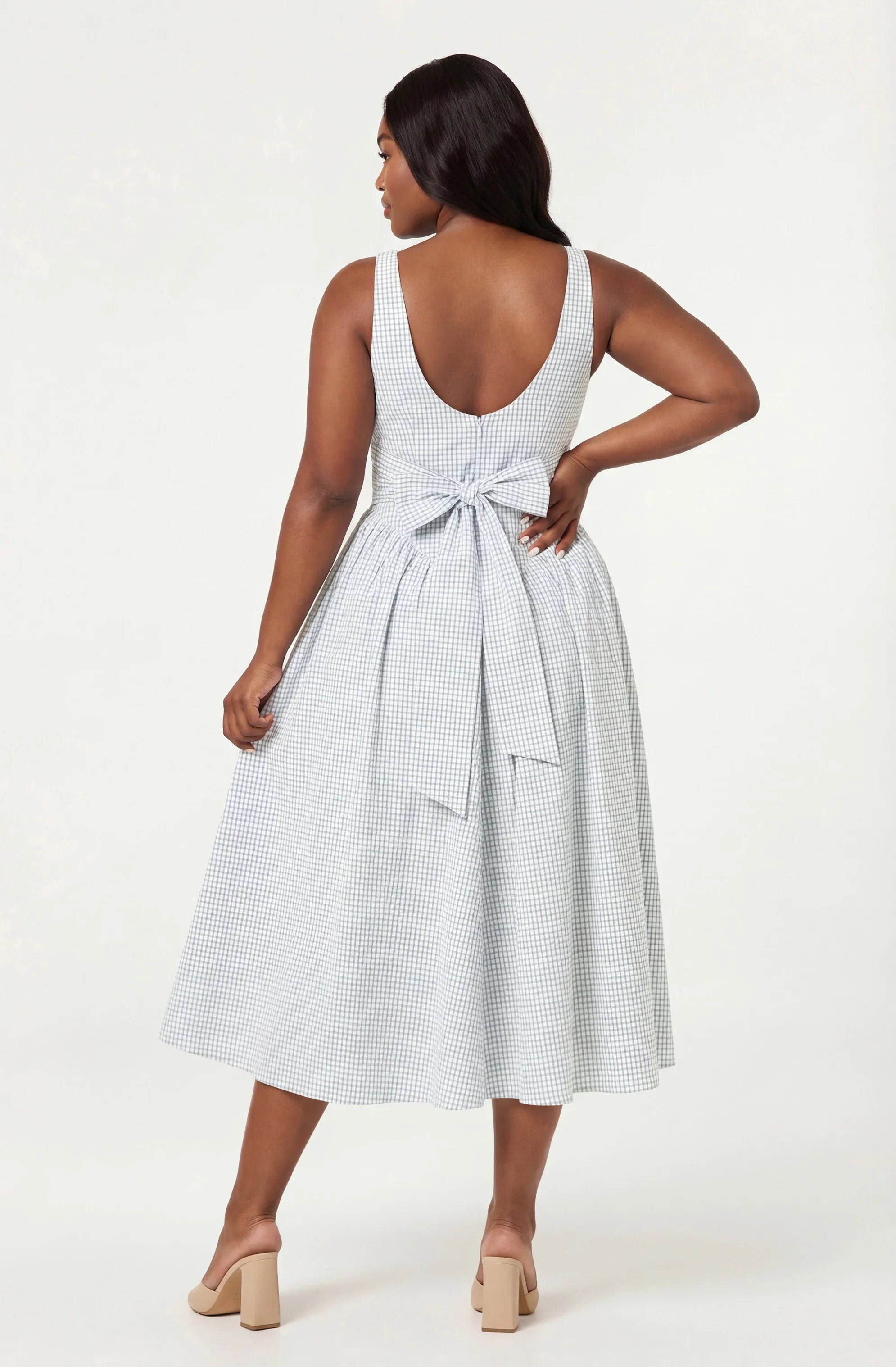 Vinya Plaid Bow-Back Midi Dress