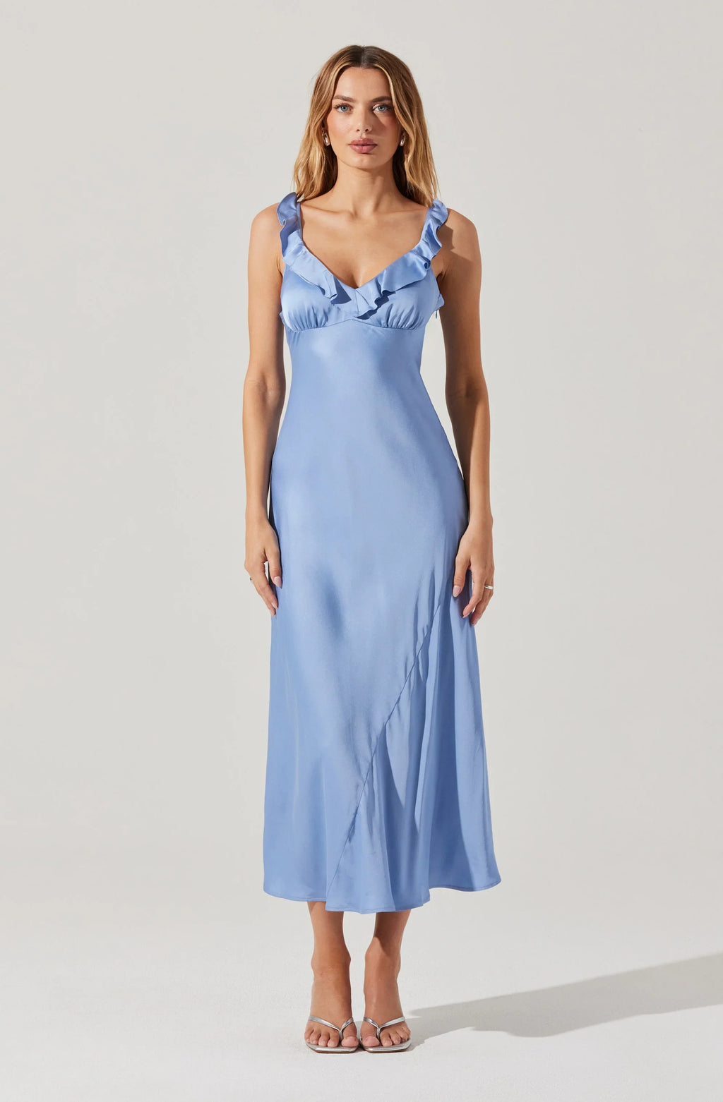 Zoie Satin Ruffle Midi Dress