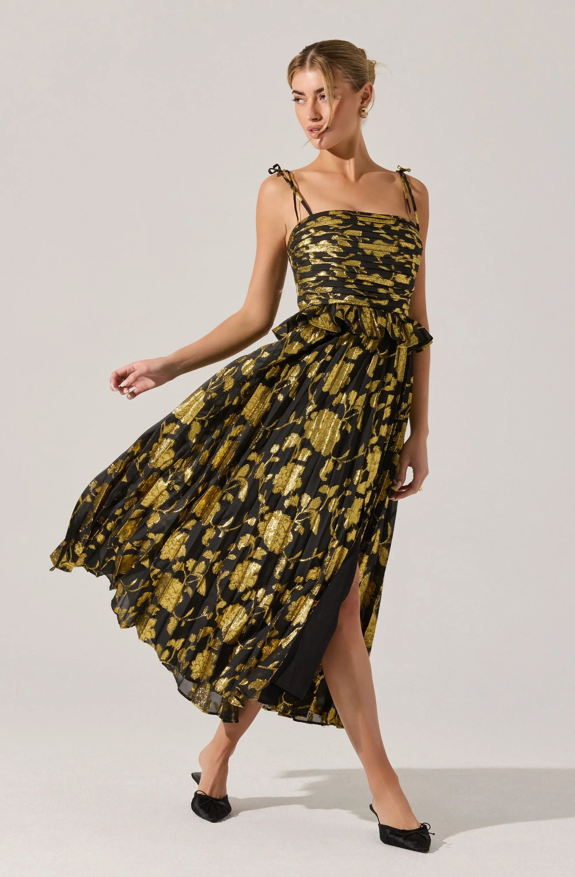 Emerys Pleated Metallic Floral Maxi Dress