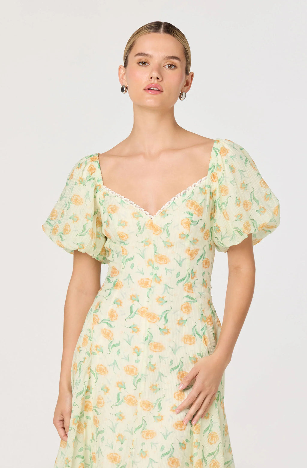 Mayra Floral Plissé Puff Sleeve Midi Dress