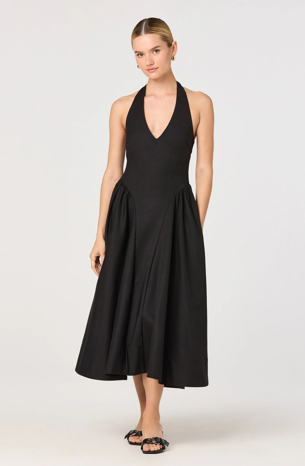 Meana Halter Plunge Drop-Waist Midi Dress