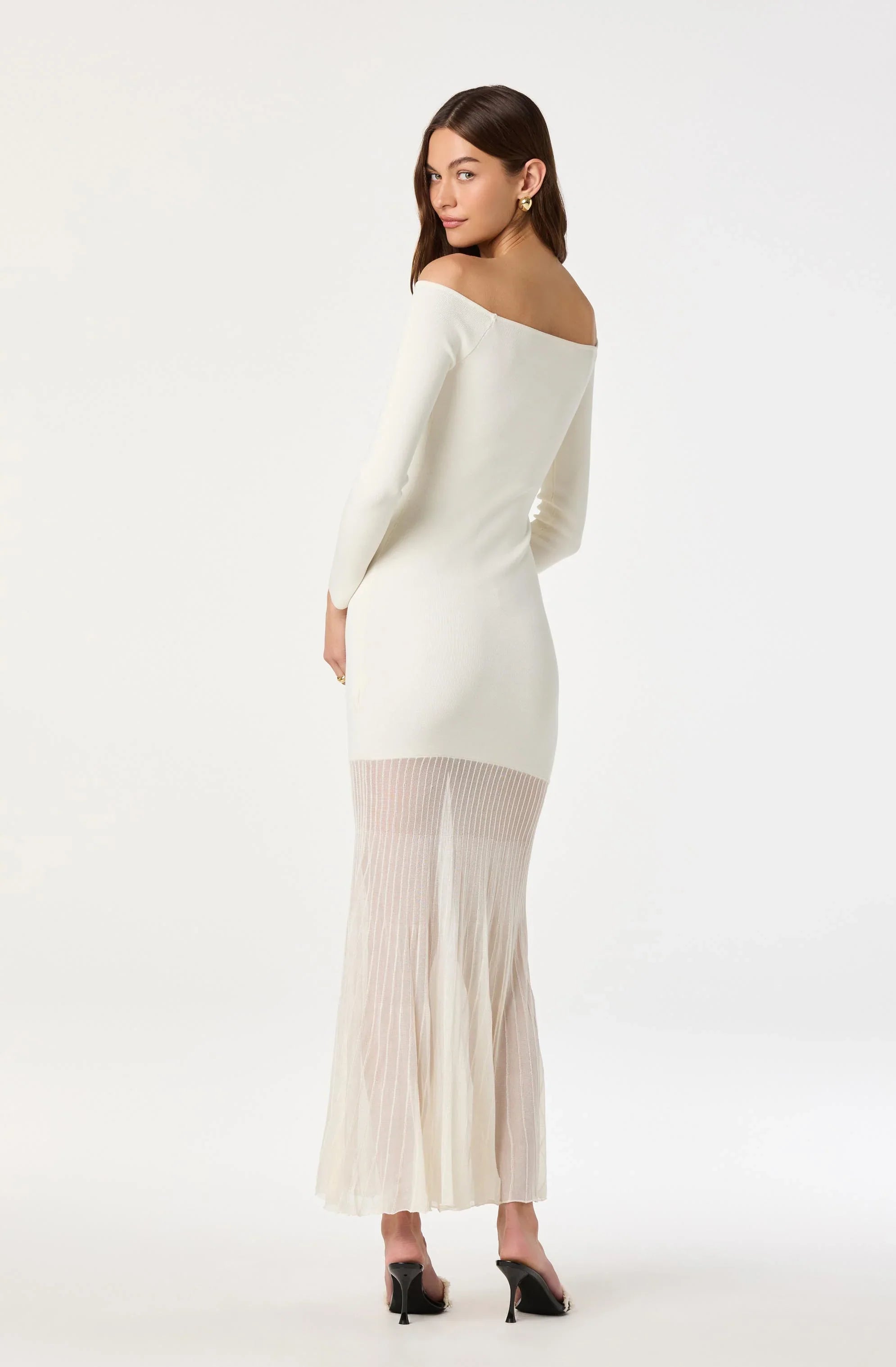 Off Shoulder Mesh Panel Hem Maxi Dress