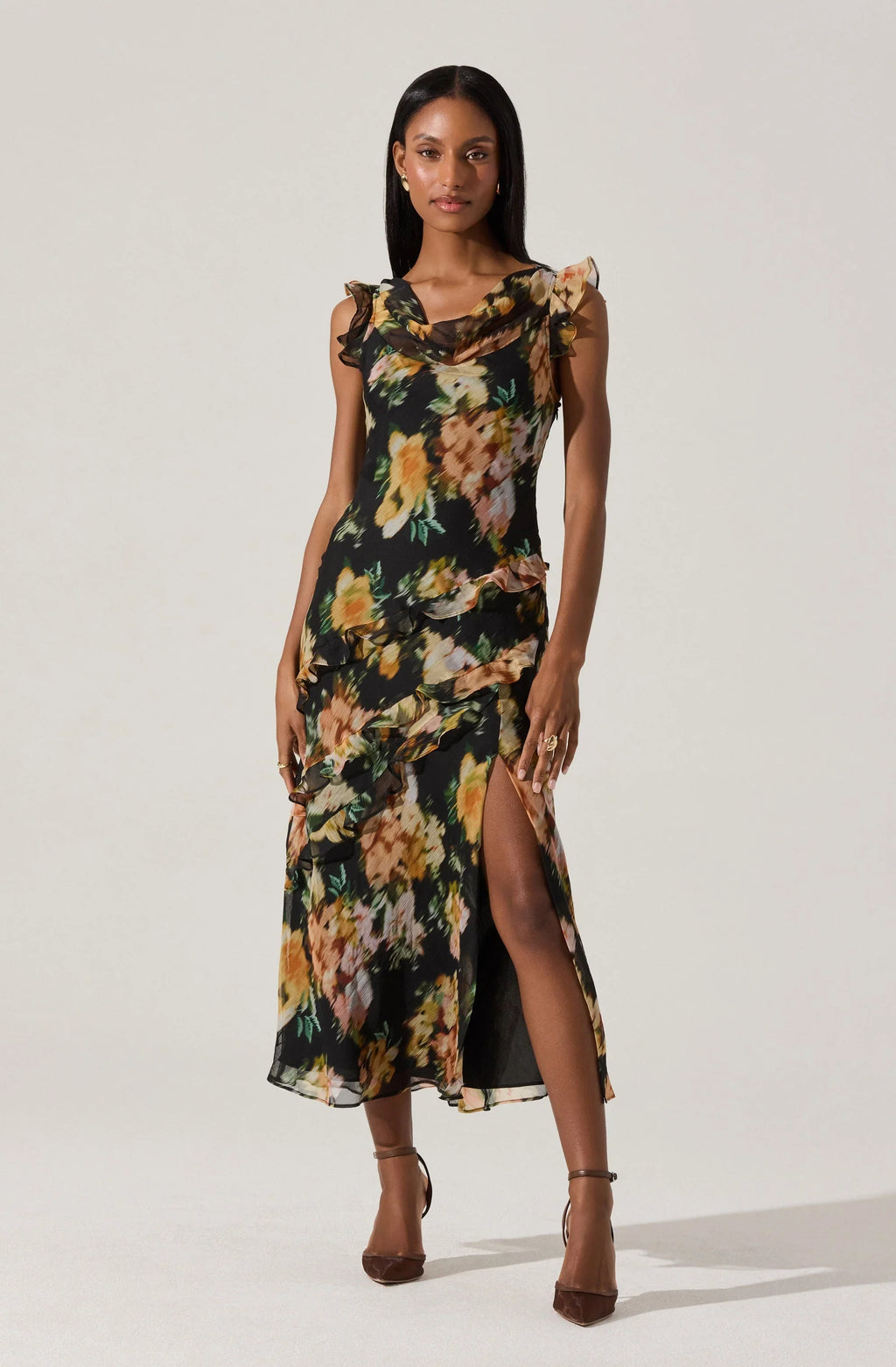 Alinta Floral Ruffle Cowl Neck Midi Dress