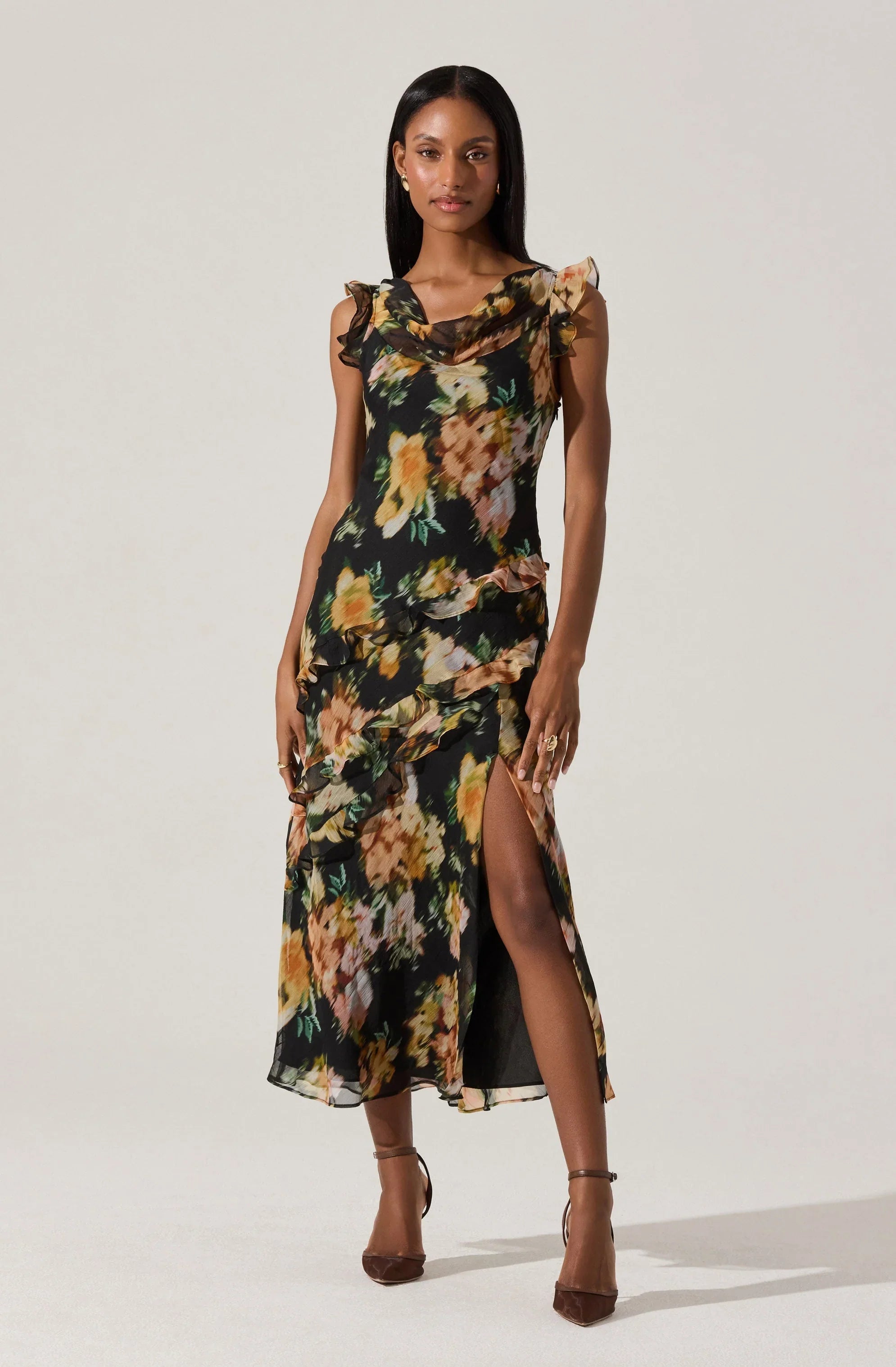 Alinta Floral Ruffle Cowl Neck Midi Dress