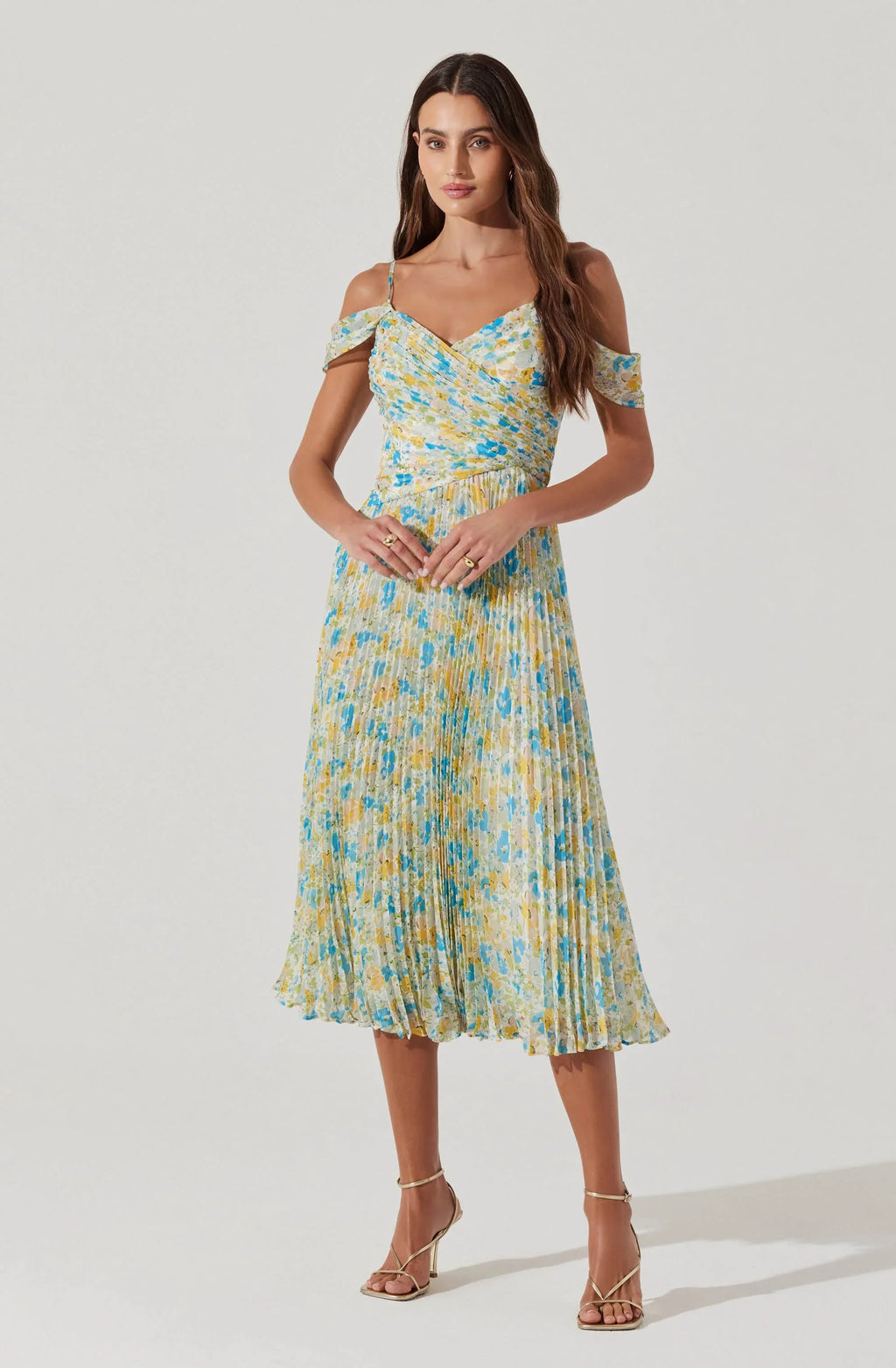 Pleated Cold Shoulder Midi Dress