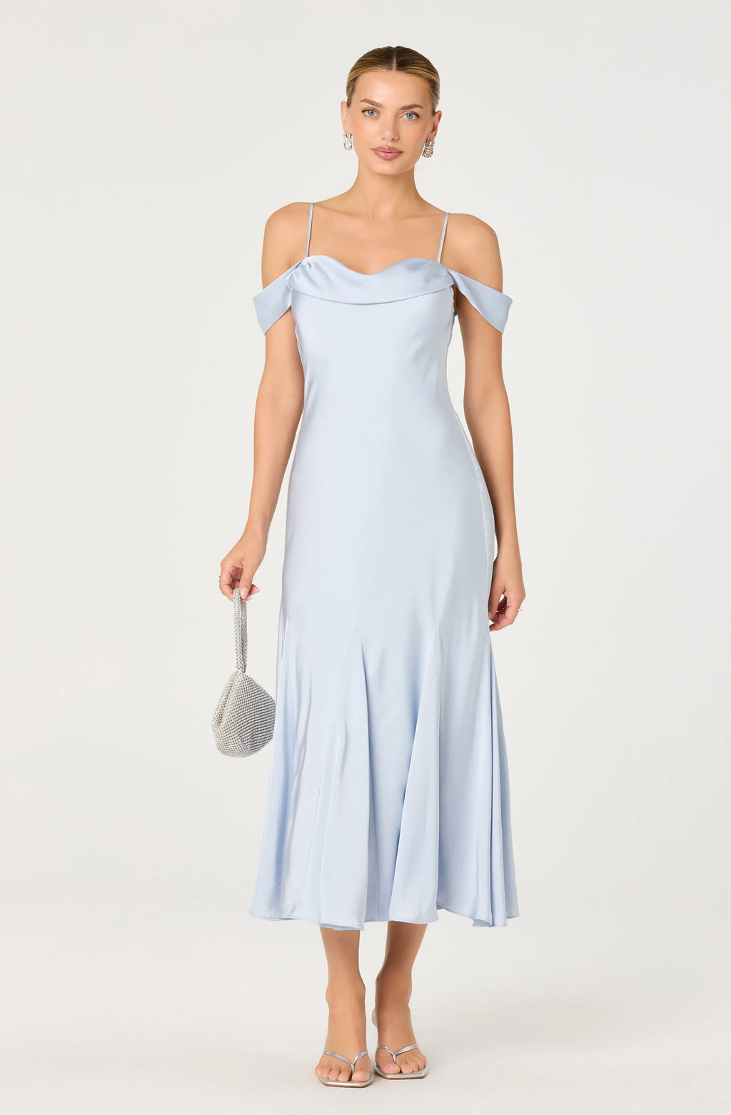 Araxie Satin Off-Shoulder Godet Midi Dress