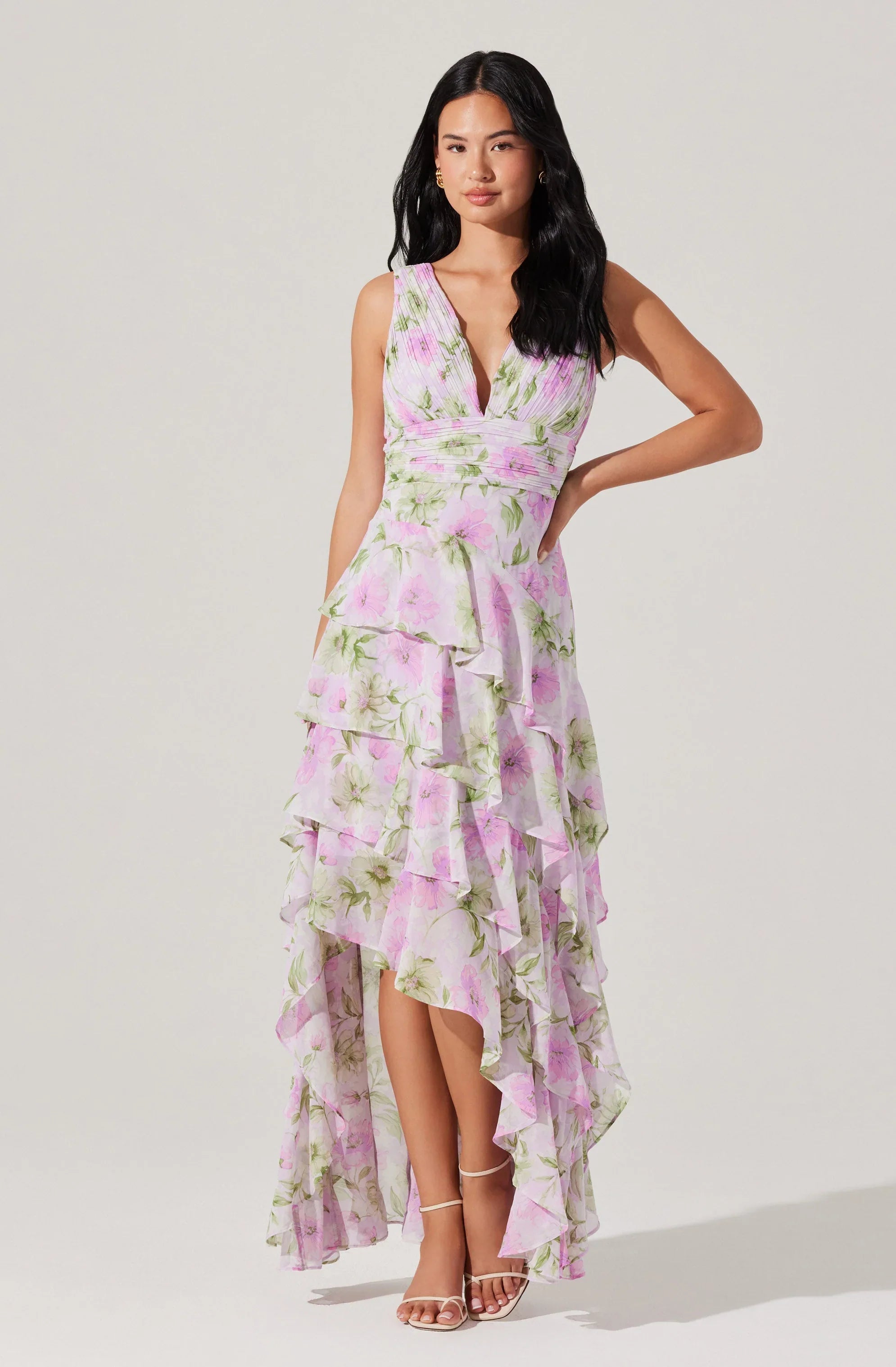 Cytherea Asymmetric Floral Ruffle Midi Dress