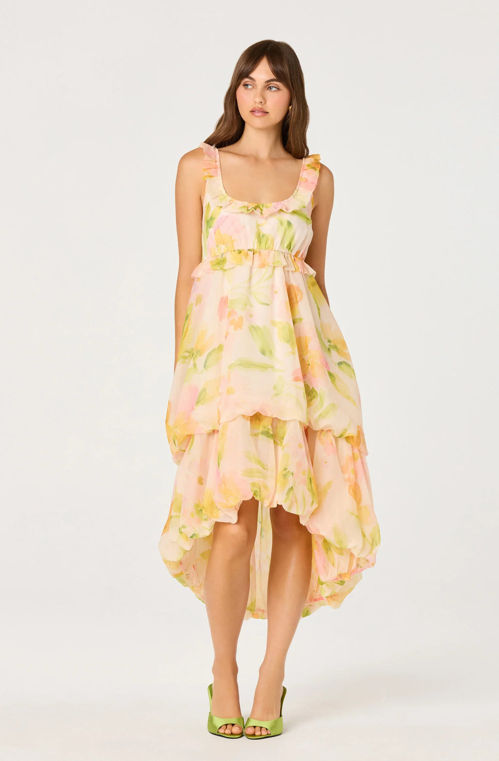 Serenidy Floral Ruffle Tiered High-Low Midi Dress