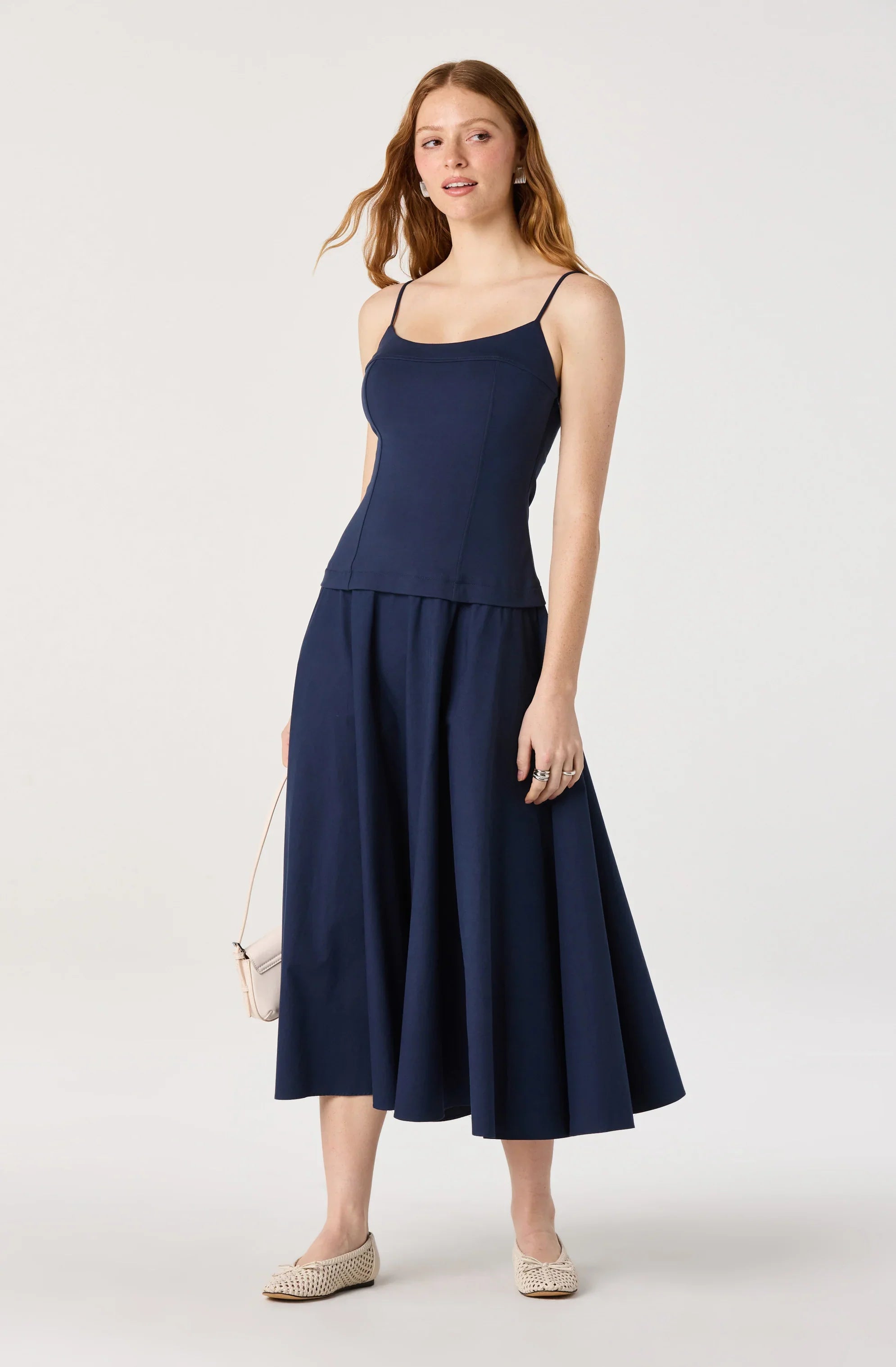Cierra Mixed Media Drop Waist Midi Dress