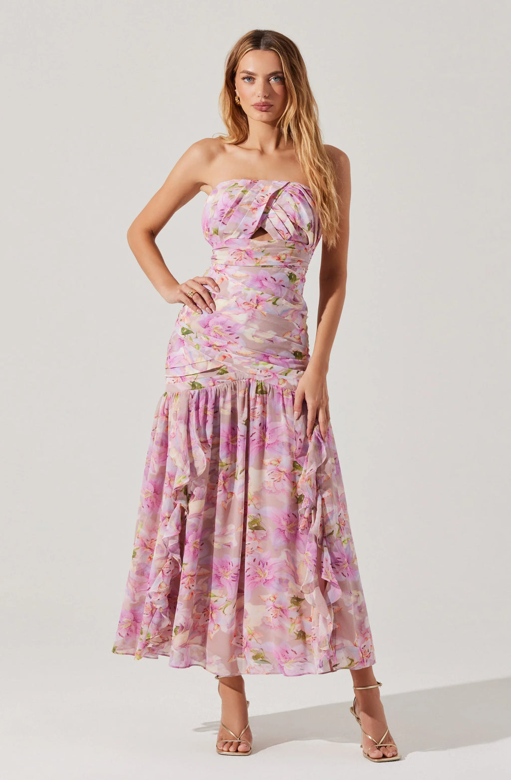 Estefany Strapless Pleated Floral Maxi Dress