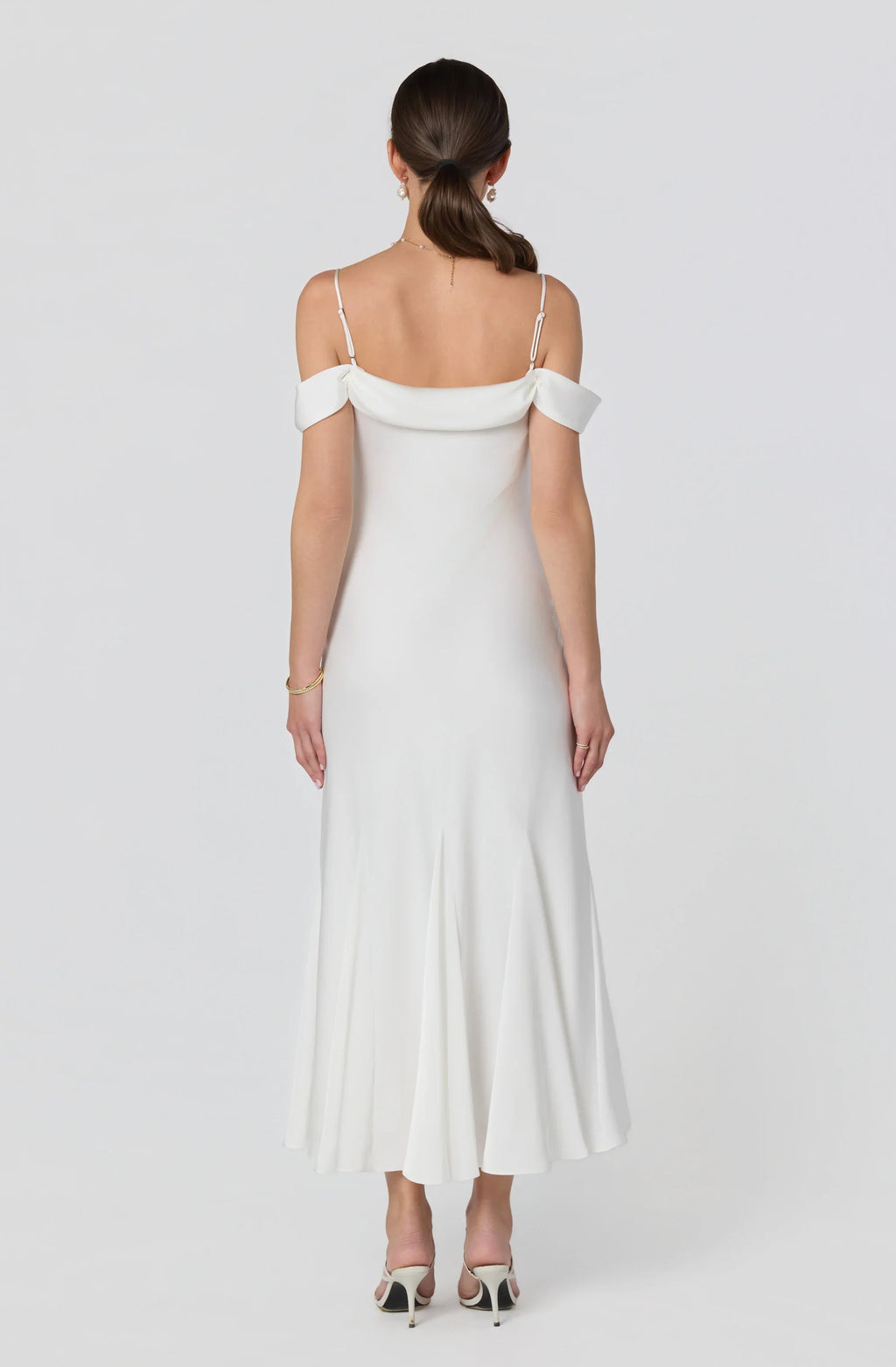 Araxie Satin Off-Shoulder Godet Midi Dress