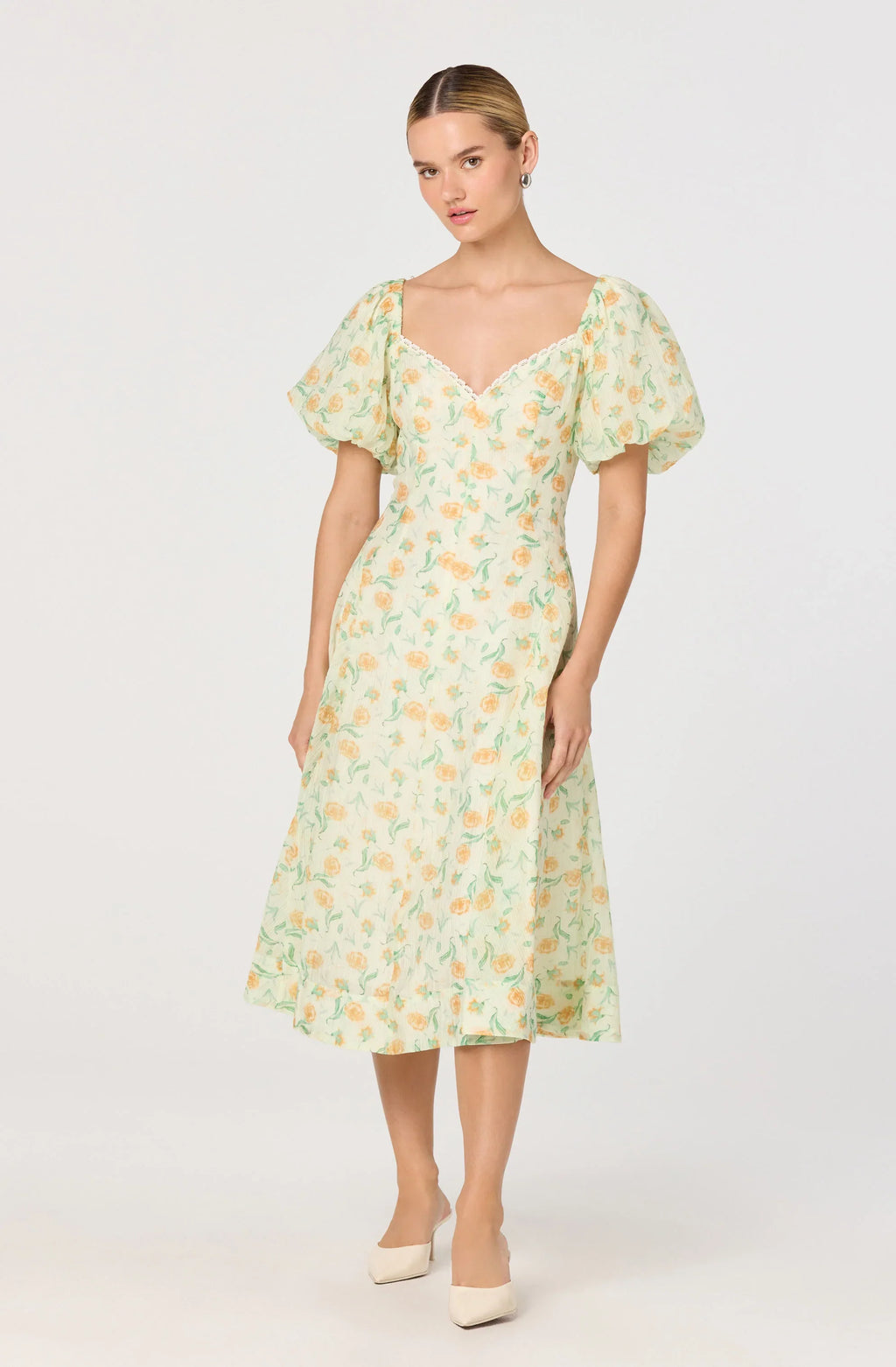 Mayra Floral Plissé Puff Sleeve Midi Dress