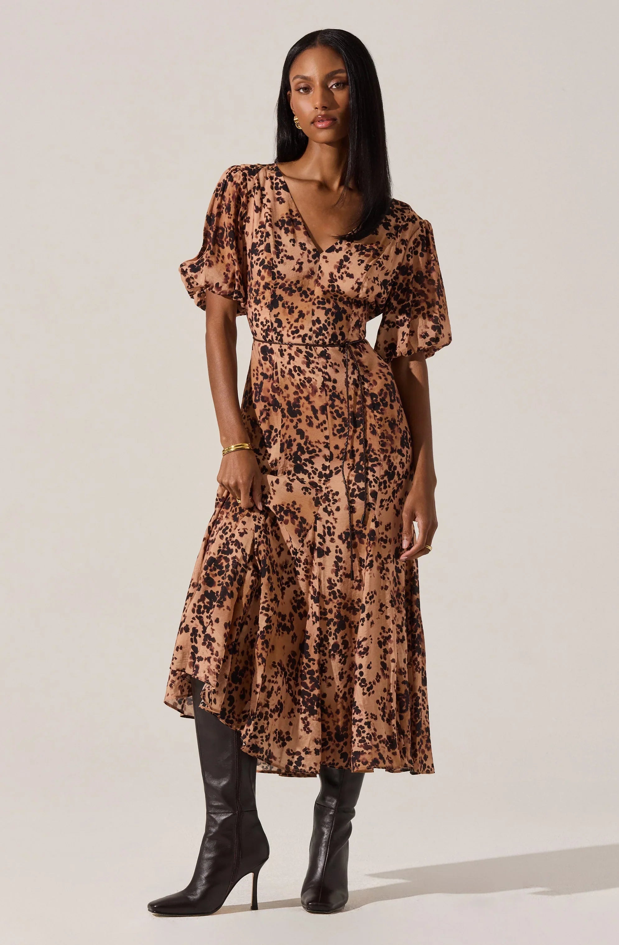 Lavena V-Neck Puff Sleeve Midi Dress