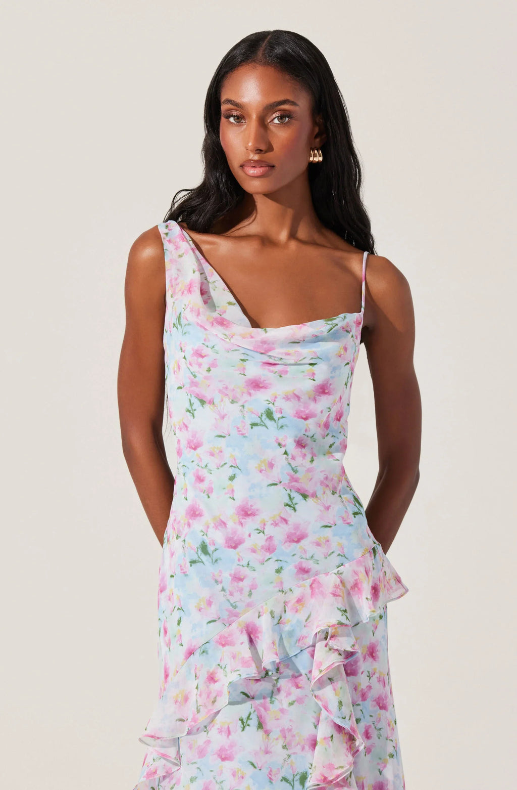 Levina Asymmetric Floral Ruffle Maxi Dress