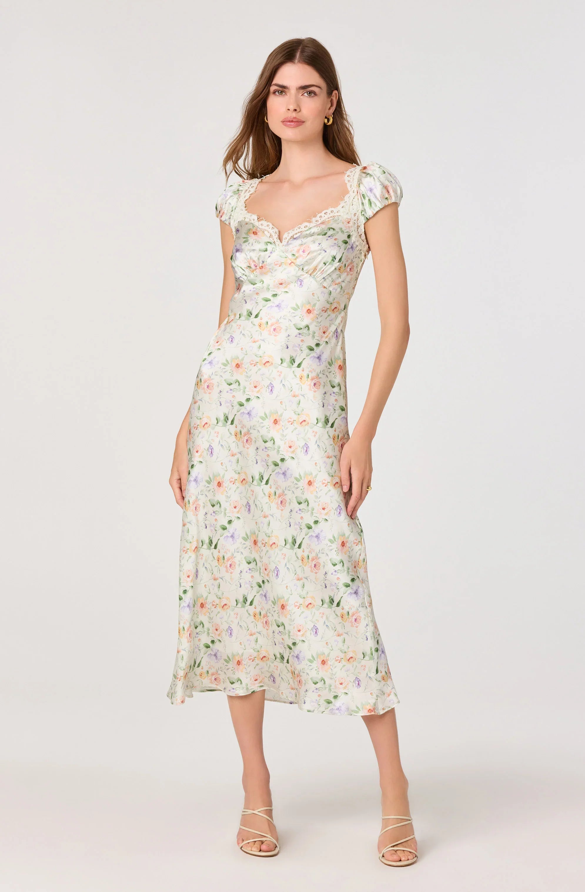 Makaela Puff Sleeve Floral Satin Midi Dress
