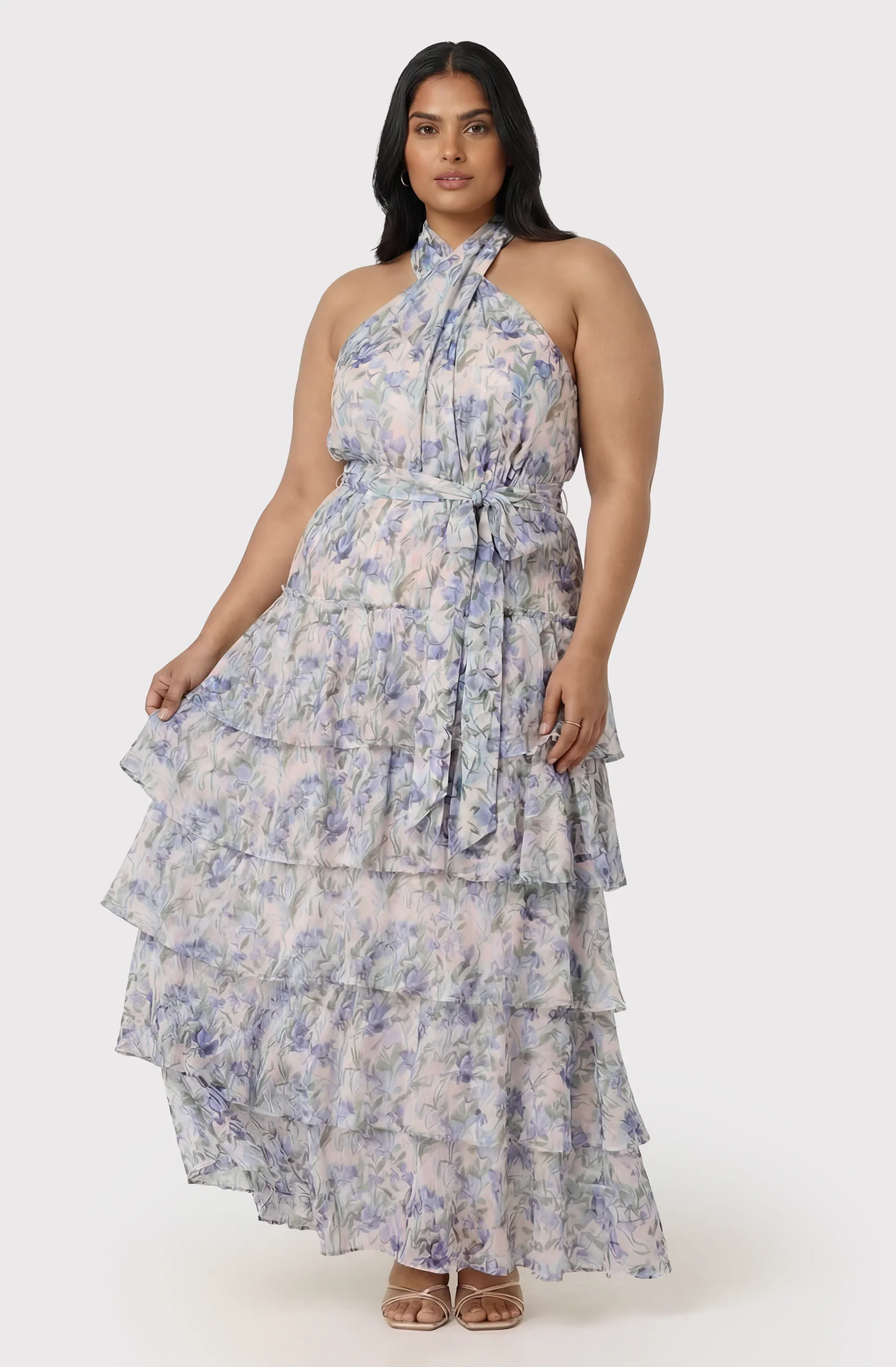 Adamaris Floral Halter Tiered Ruffle Maxi Dress