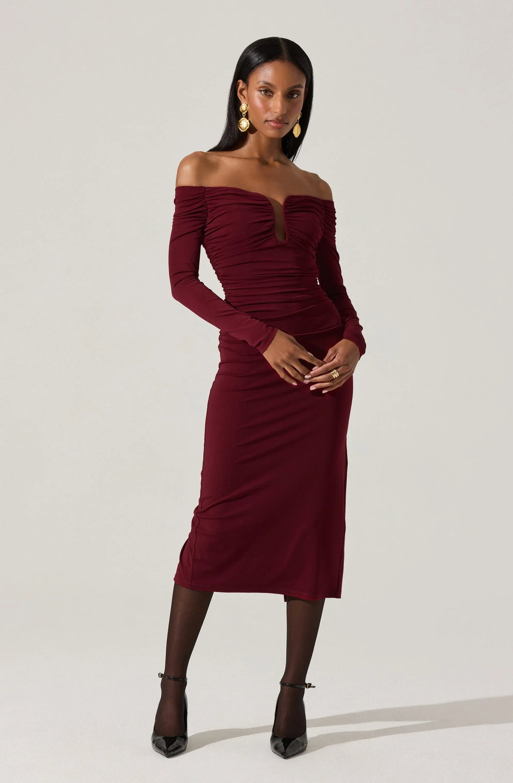 Lovinia Ruched Off Shoulder Midi Dress