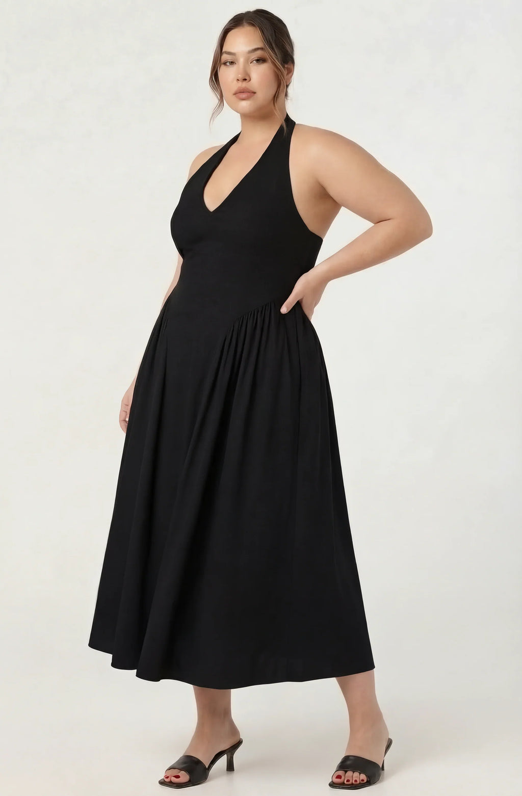 Meana Halter Plunge Drop-Waist Midi Dress