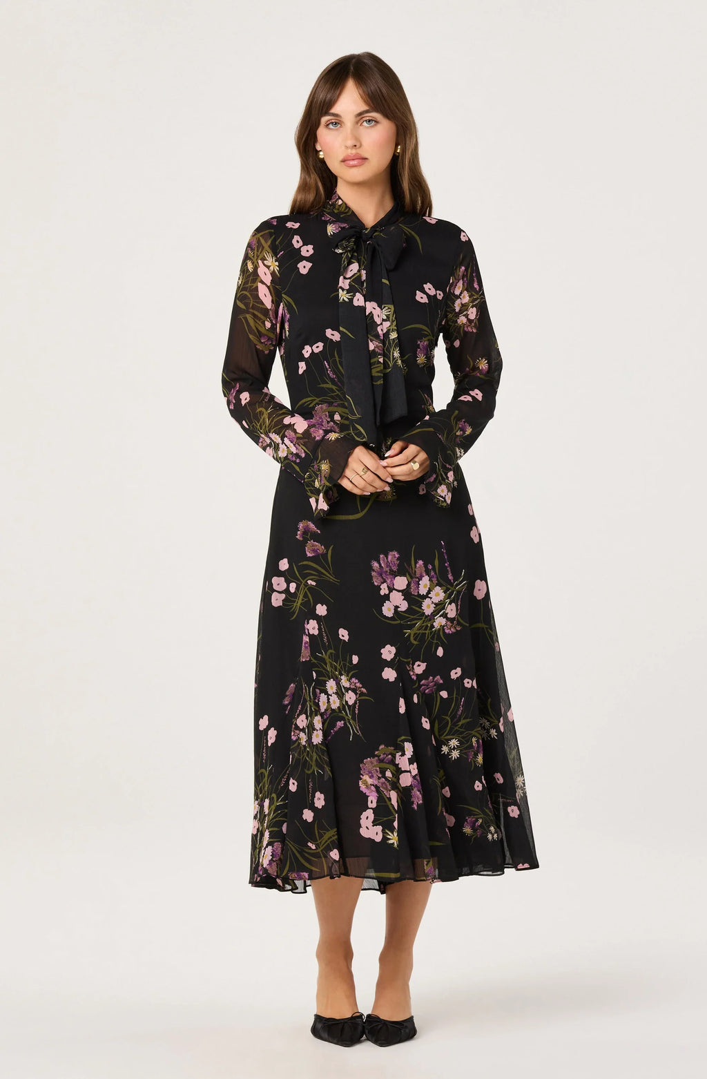 Tie-Neck Ruffled Floral Midi Dress
