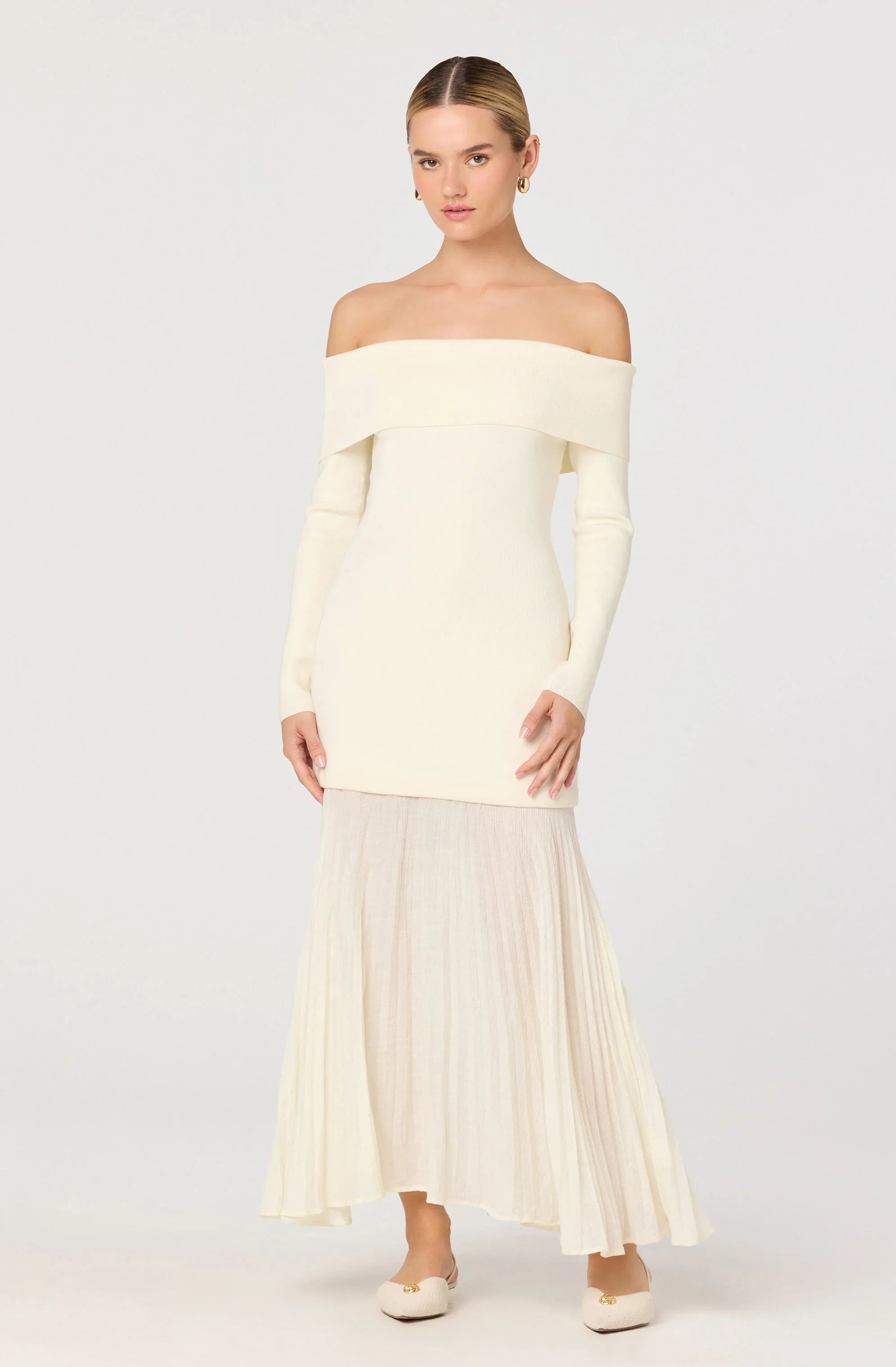 Lidia Off-Shoulder Pleated Midi Dress