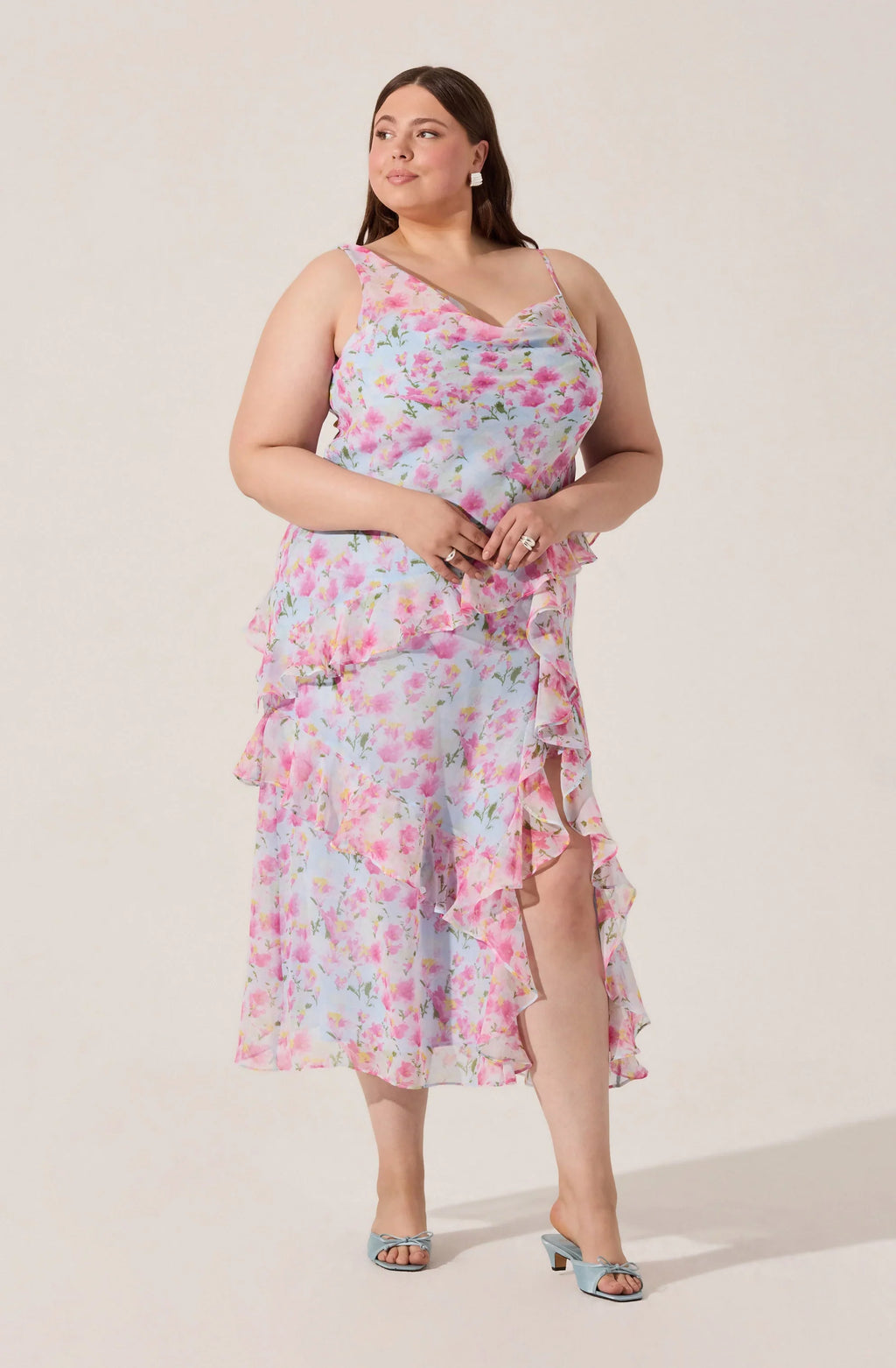 Levina Asymmetric Floral Ruffle Maxi Dress