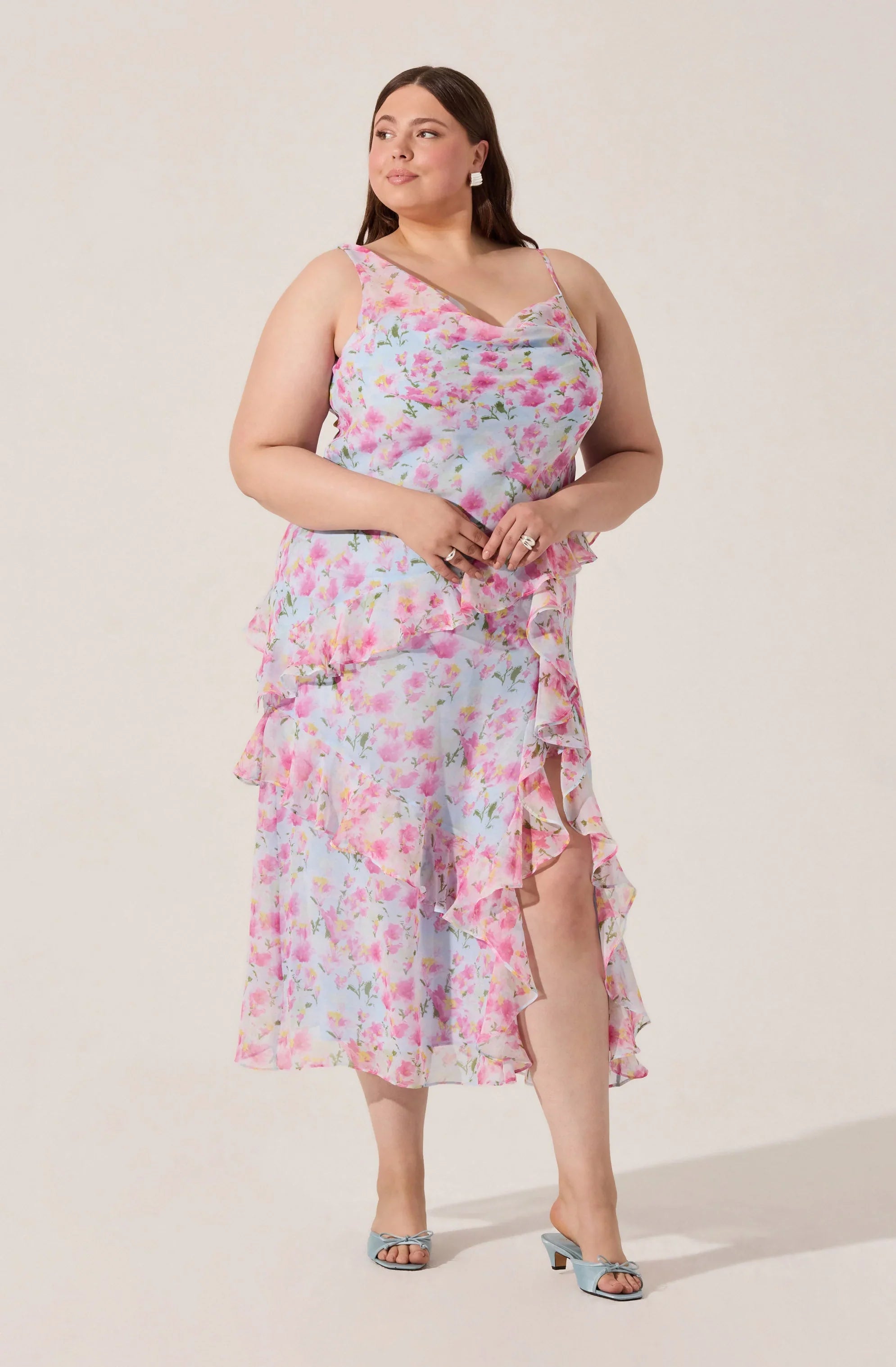 Levina Asymmetric Floral Ruffle Maxi Dress