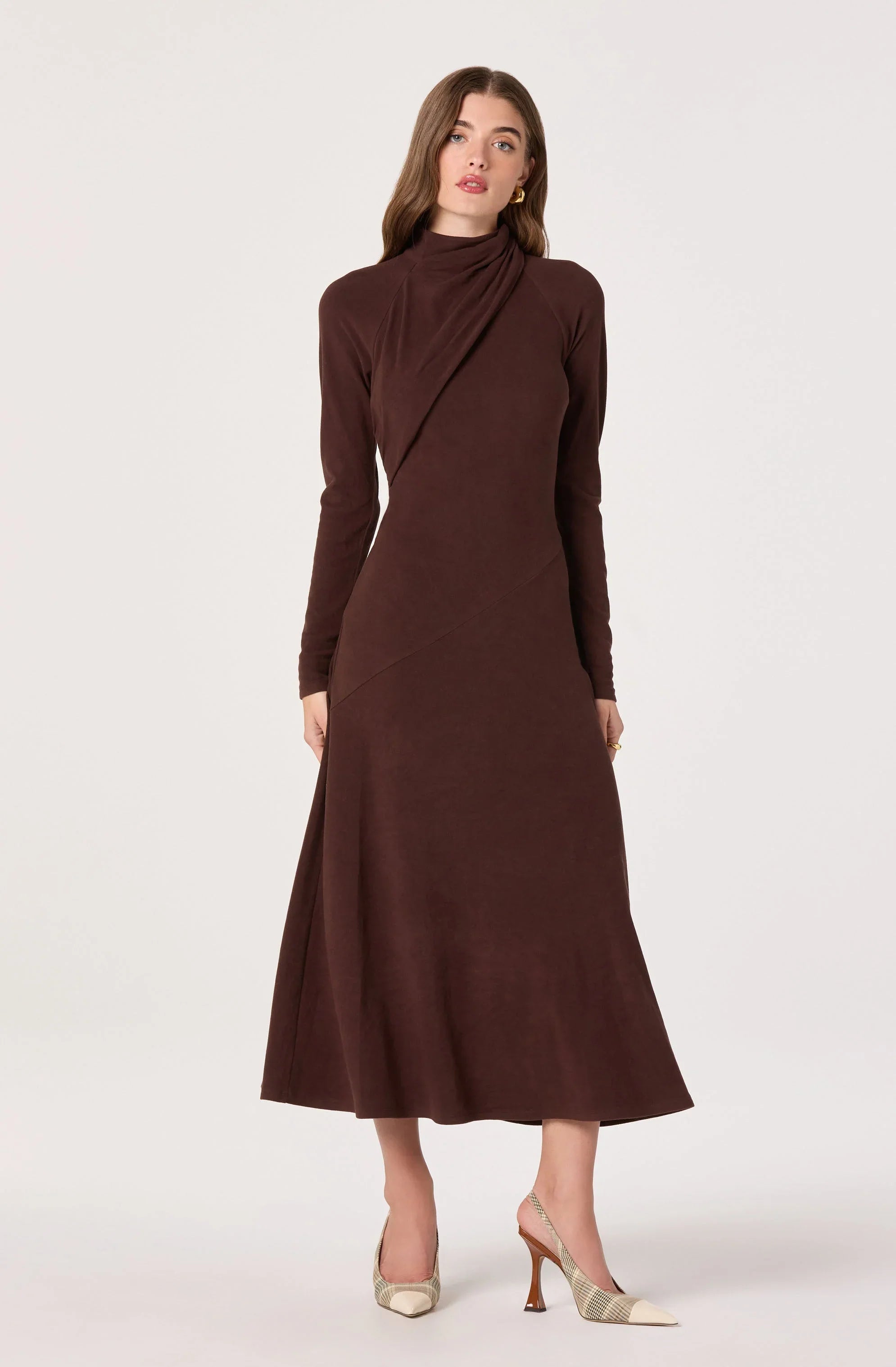Asymmetric Draped Mock Neck Midi Dress