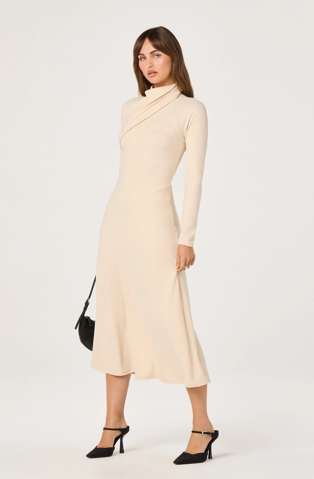 Asymmetric Draped Mock Neck Midi Dress