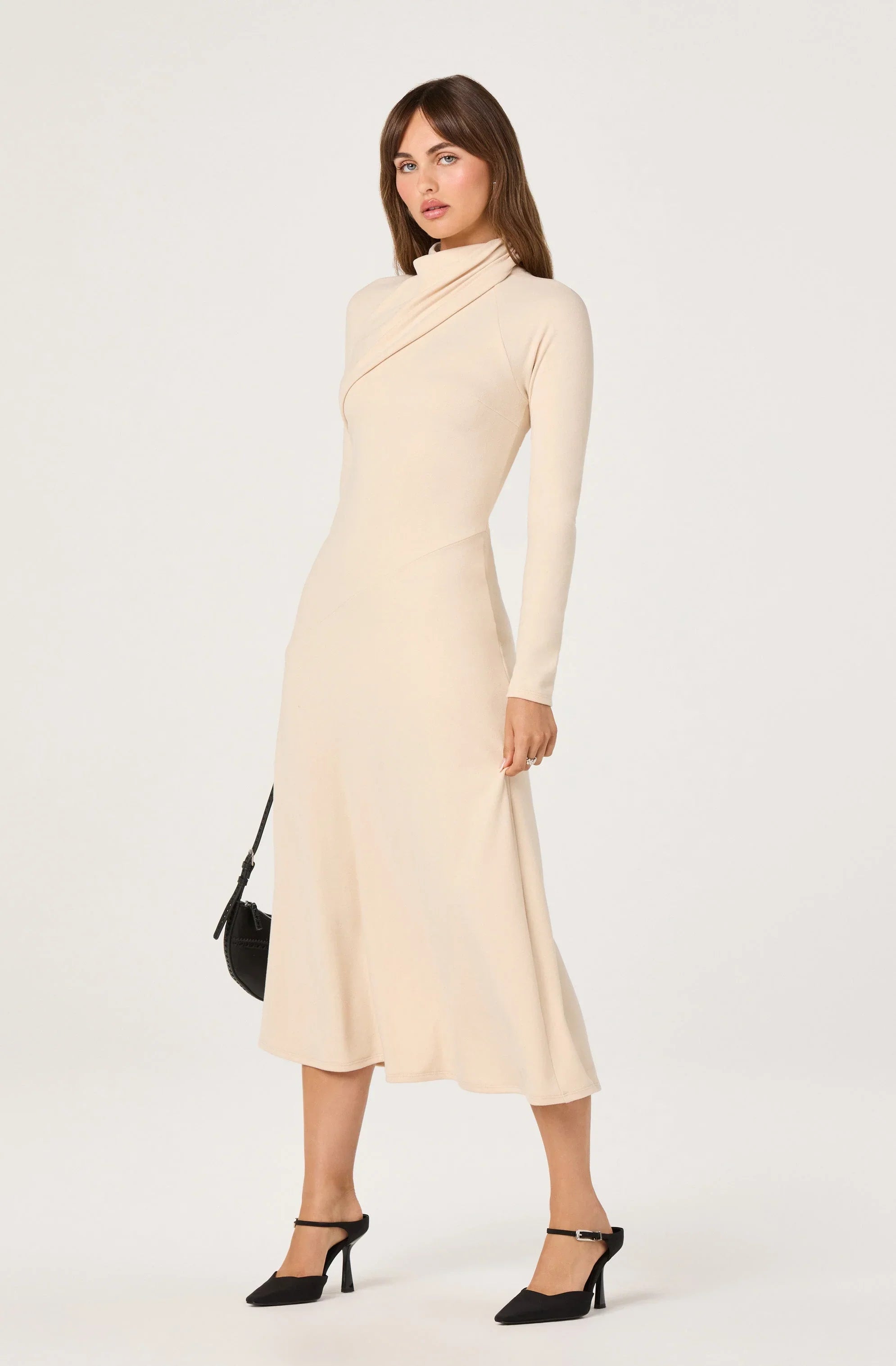 Asymmetric Draped Mock Neck Midi Dress
