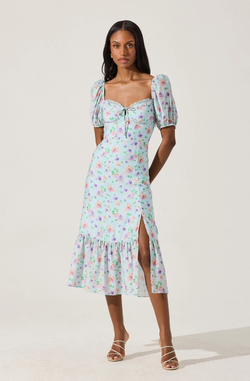 Lace Trim Bustier Floral Midi Dress