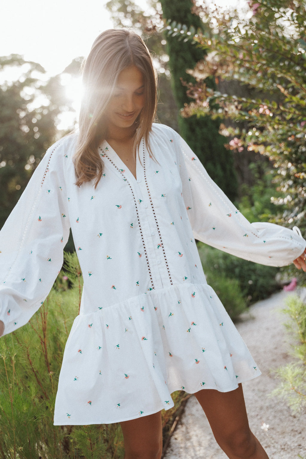 Hart Long Sleeve Mini Dress - White Floral