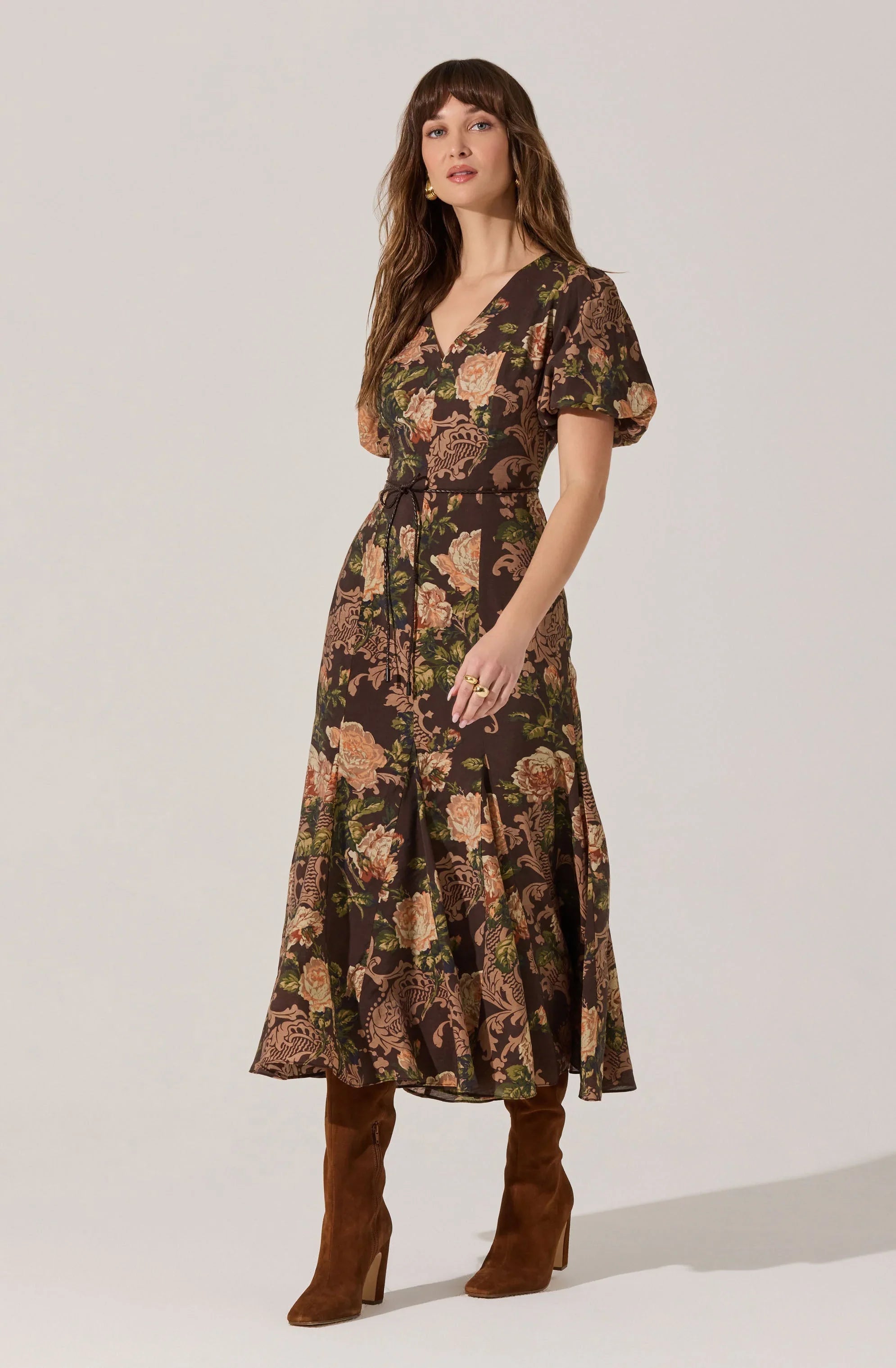 Lavena V-Neck Puff Sleeve Midi Dress