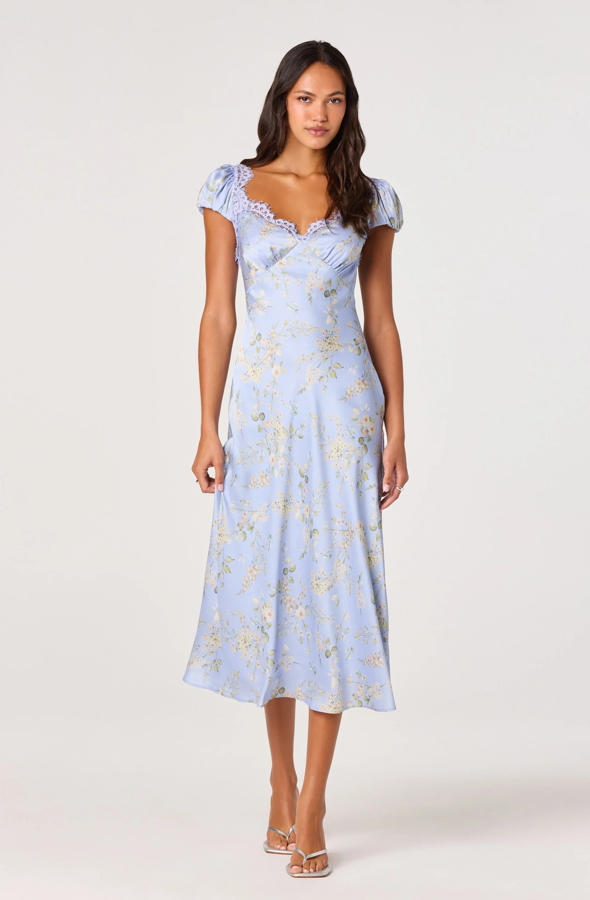 Makaela Puff Sleeve Floral Satin Midi Dress