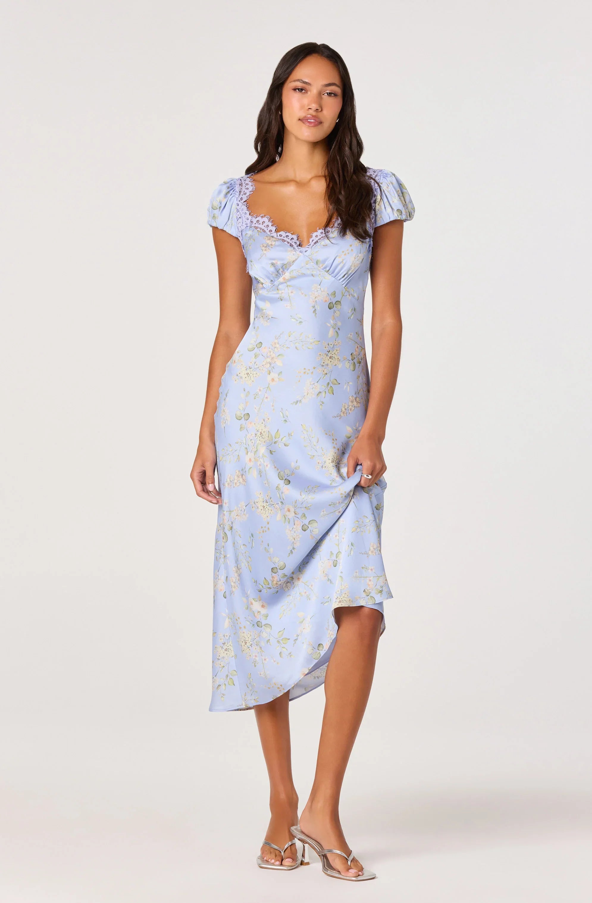 Makaela Puff Sleeve Floral Satin Midi Dress
