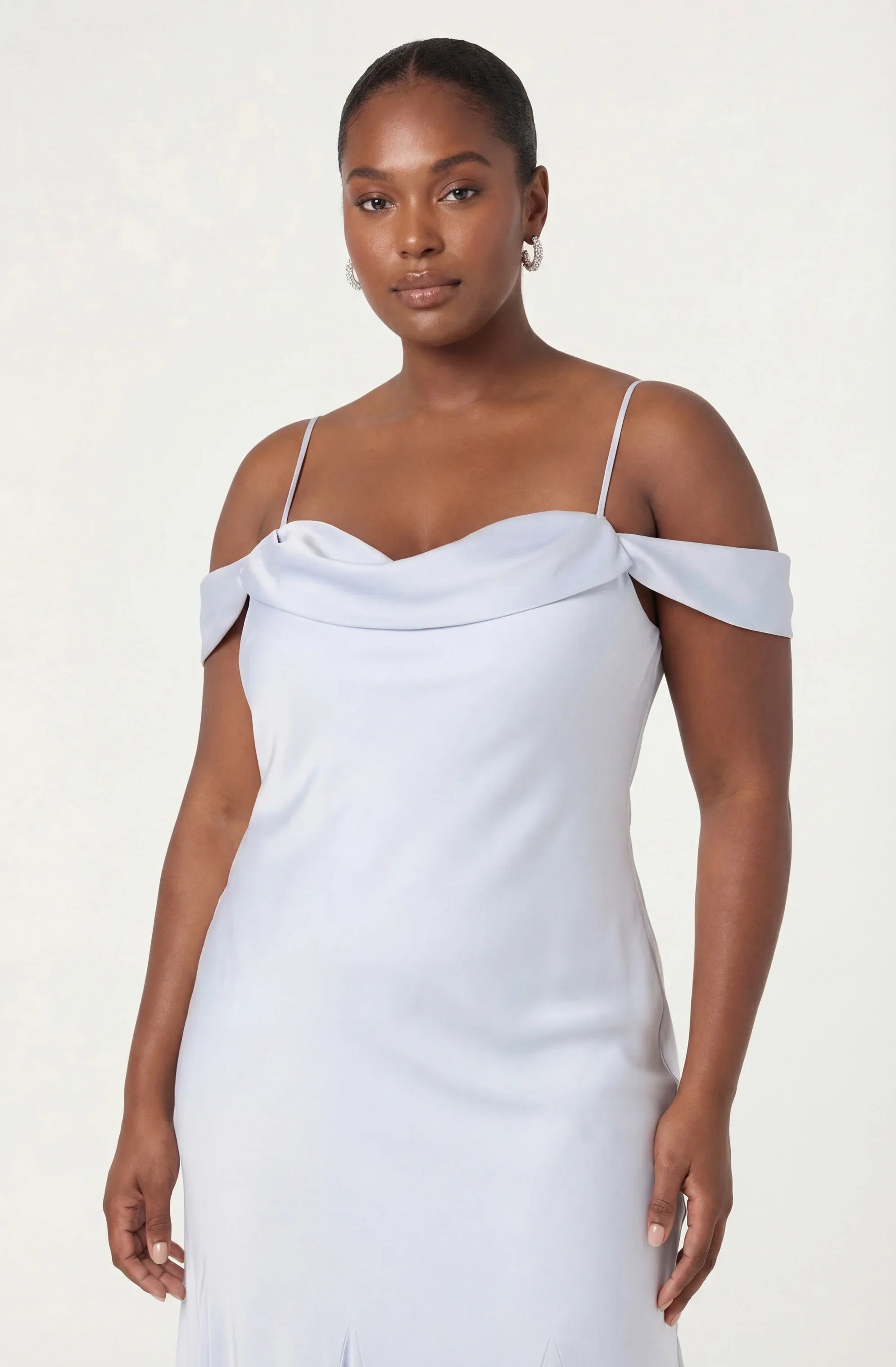 Araxie Satin Off-Shoulder Godet Midi Dress