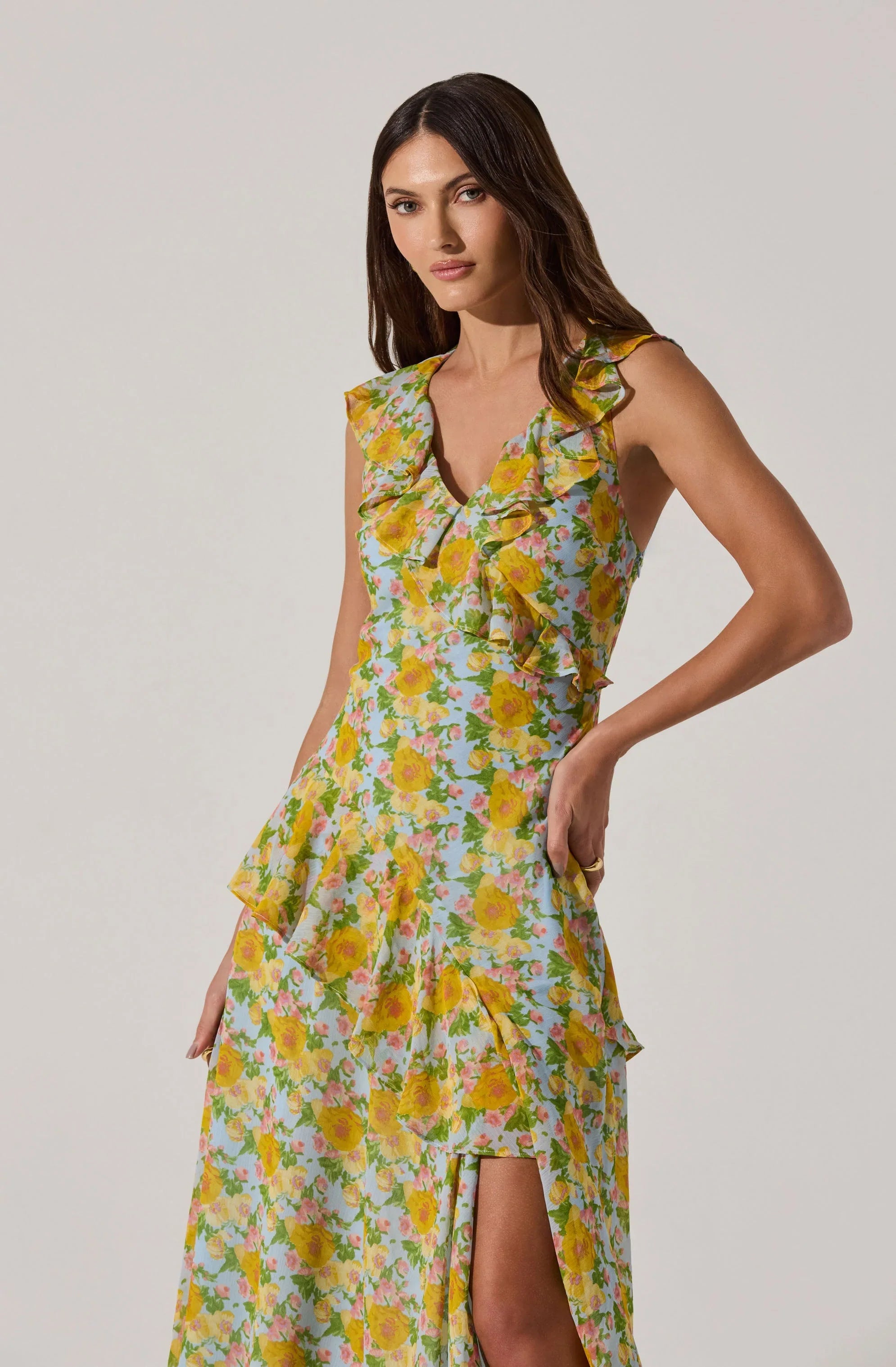 V-neck Floral Ruffle Midi Dress