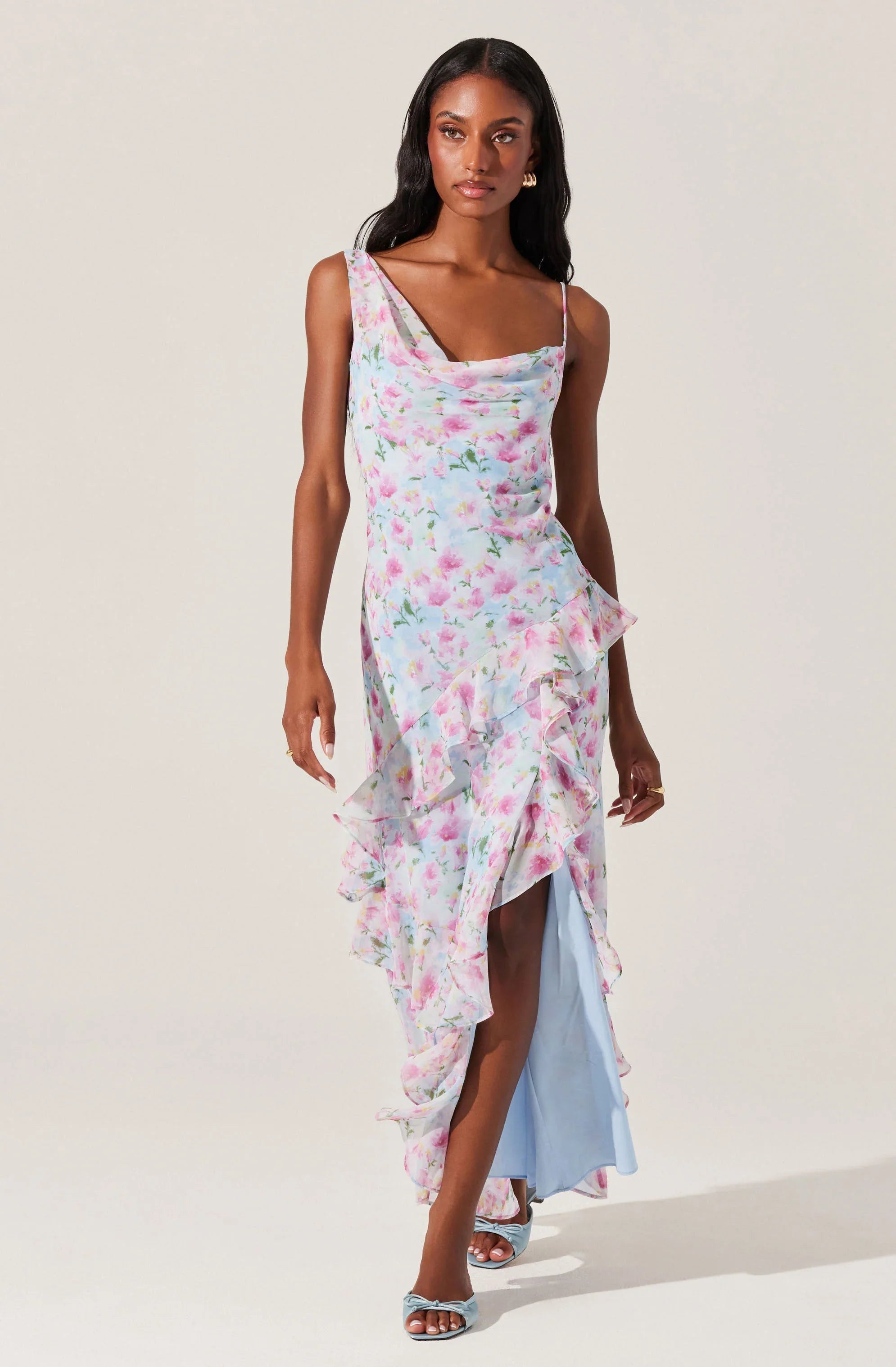 Levina Asymmetric Floral Ruffle Maxi Dress